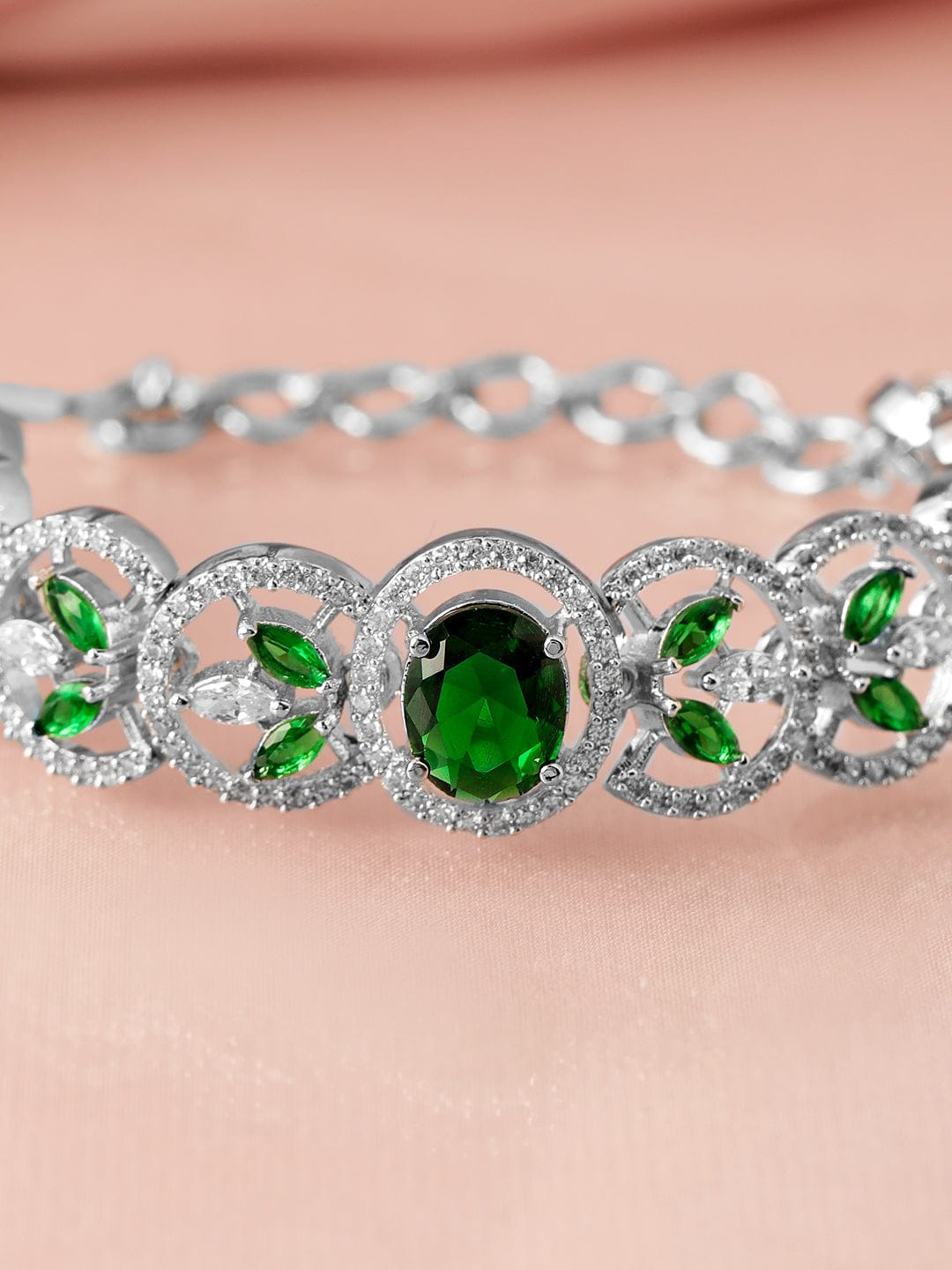 Wentra Silver-Plated Emerald Green & Cubic Zirconia Studded Premium Bracelet