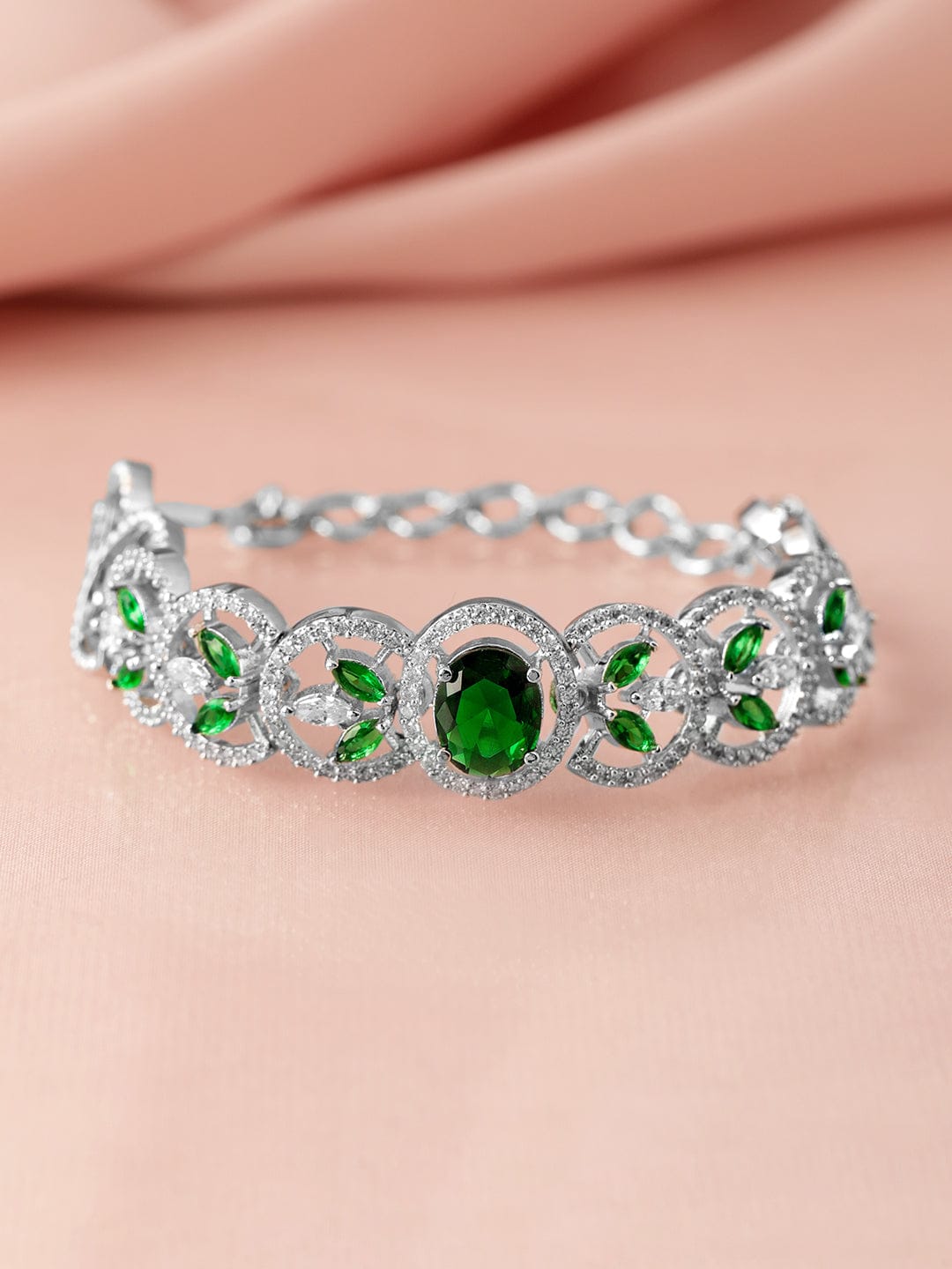 Wentra Silver-Plated Emerald Green & Cubic Zirconia Studded Premium Bracelet