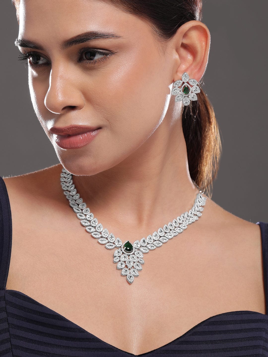 Emerald Accented American Diamond Zirconia Layered Necklace Set