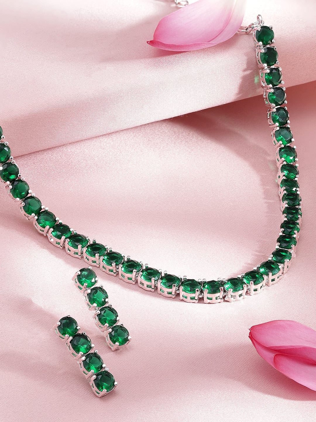 Silver Toned Green Necklace Set