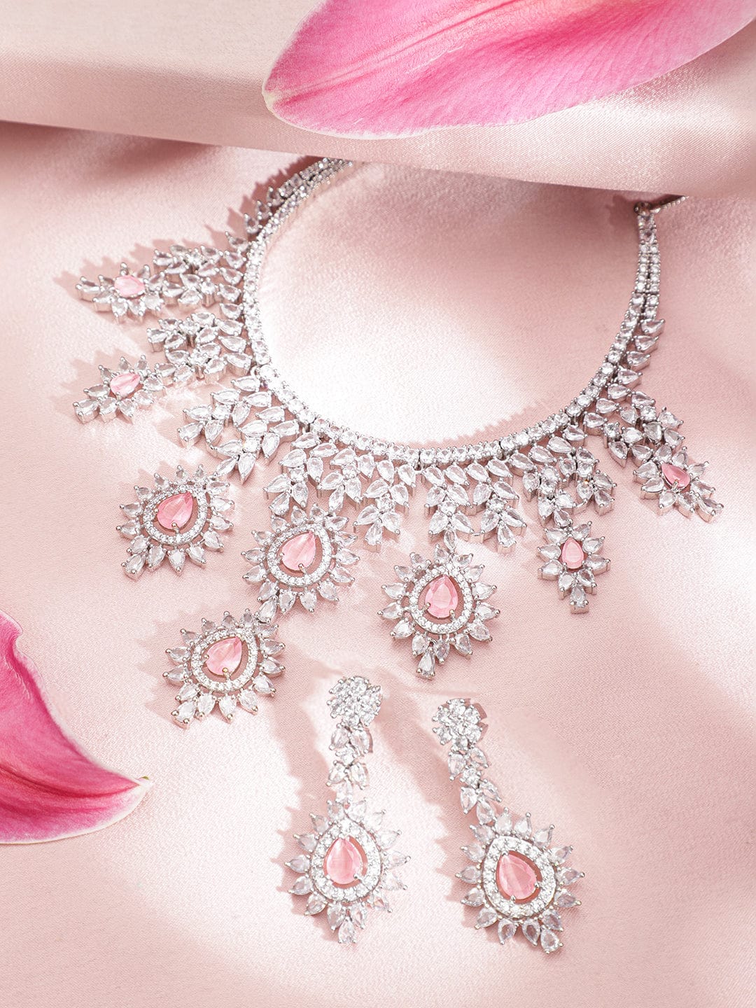 Wentra Silver Plated Pink Gemstone & AAA Cubic Zirconia Studded Floral Design Jewellery Set