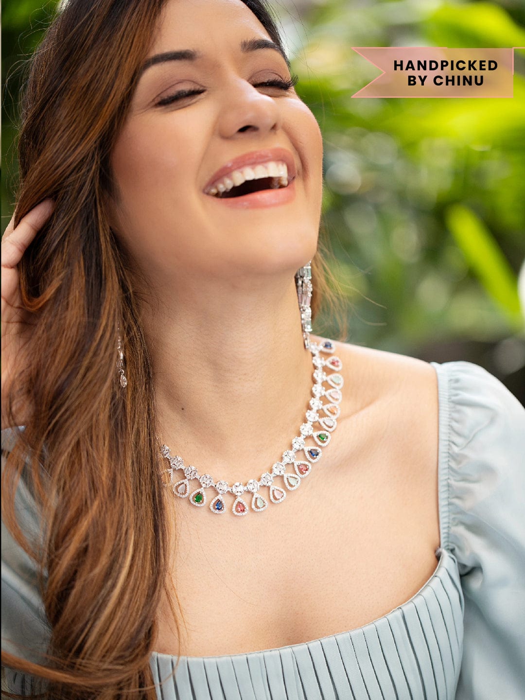 Wentra Silver Plated Multicoloured Stone Studded American Diamond Necklace Set.