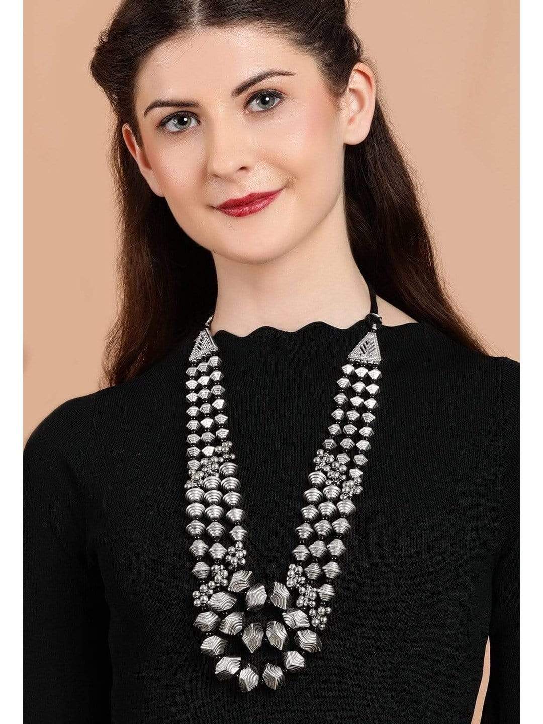 Wentra Silver Plated Oxidised Handcrafted Multi Layer Boho Necklace