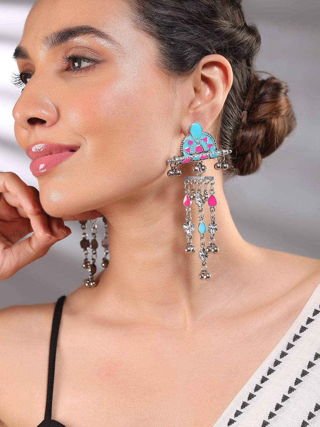 Pink-Blue Festive Cascading Dangle Earrings