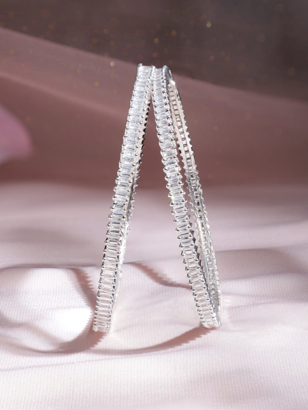 Wentra Silver Plated Set of 2 Zirconia Stone Studded Bangles