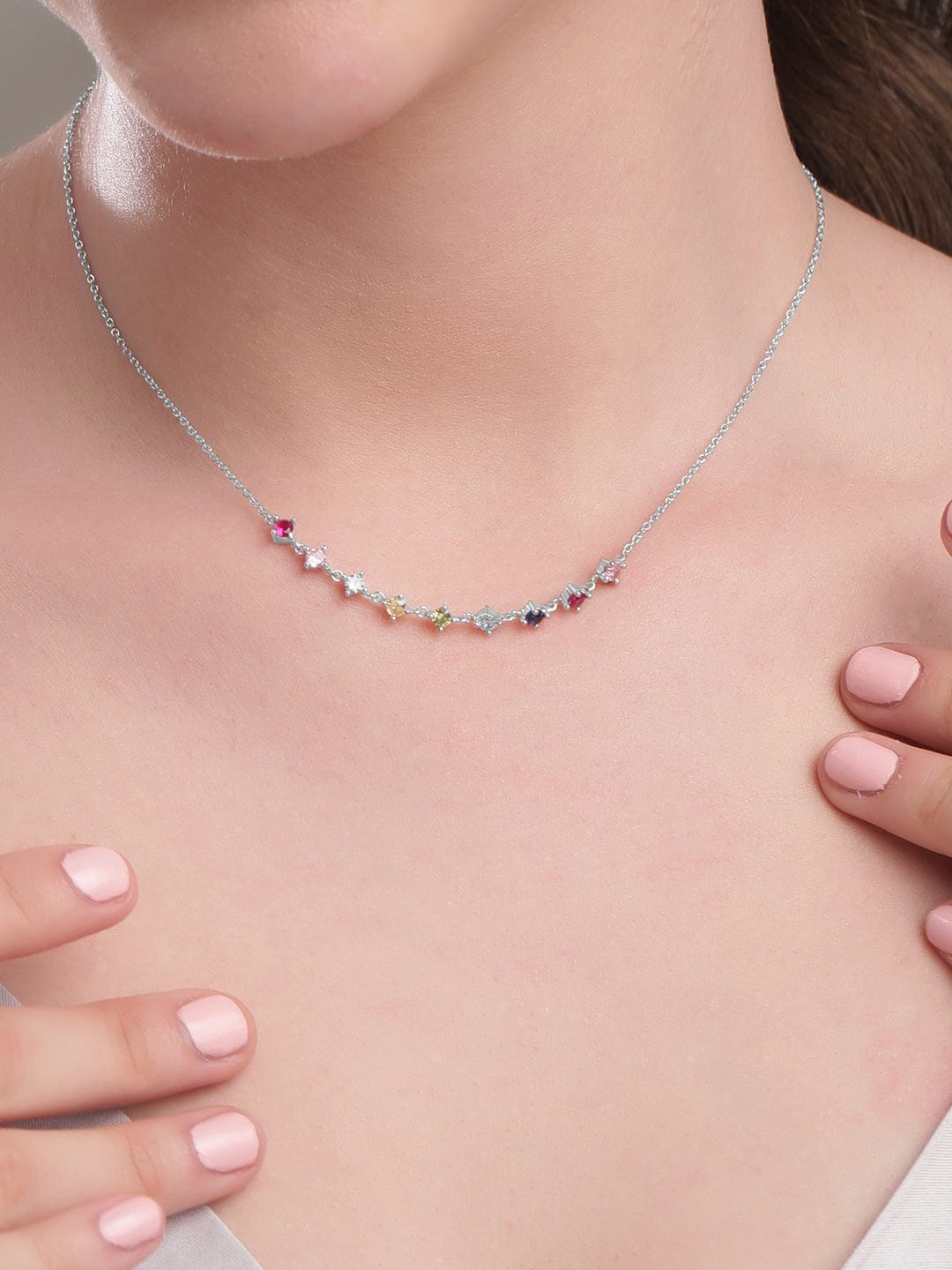 Multicolor Crystal Studded Silver Toned Necklace