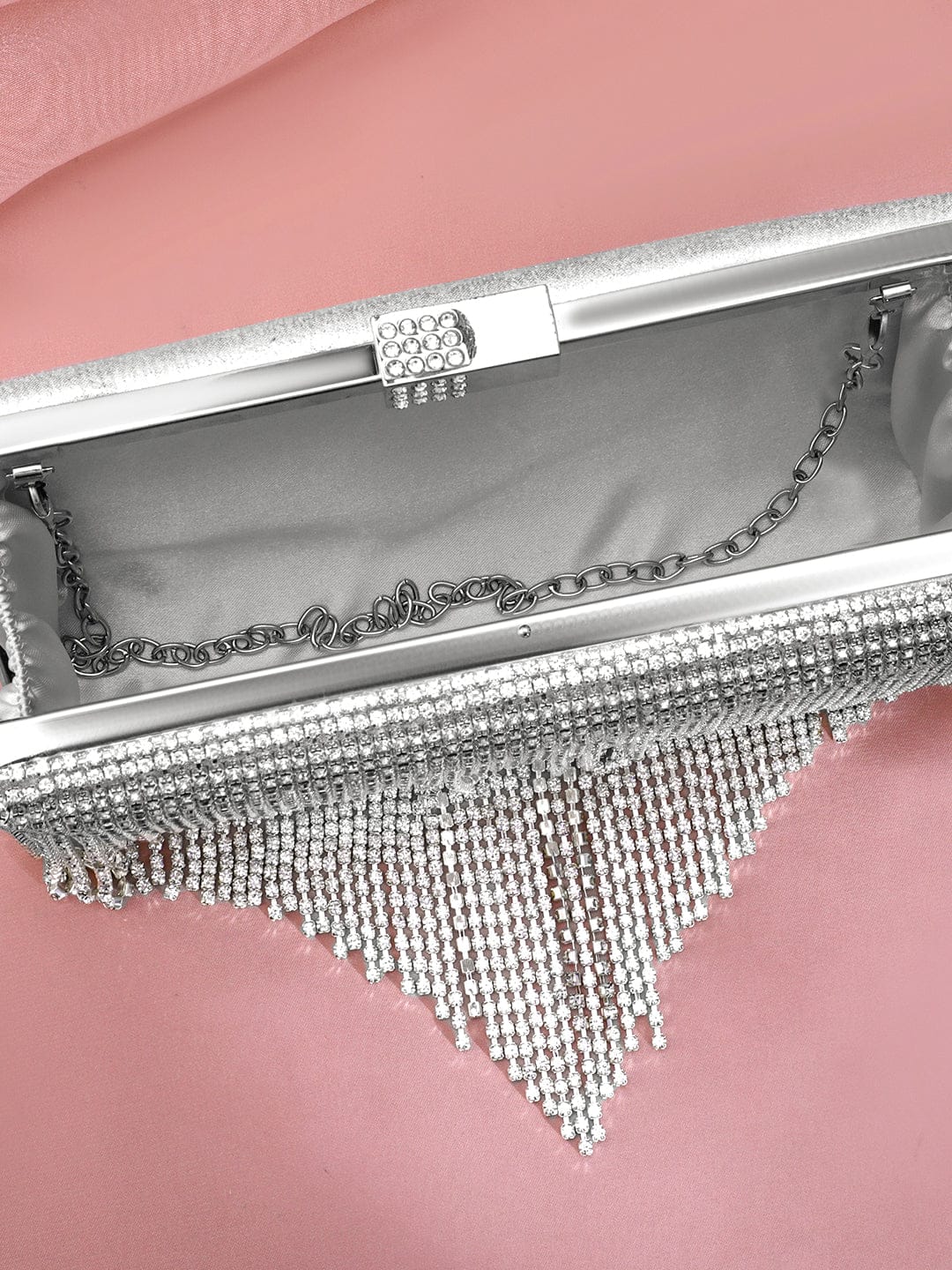Wentra Silver-Toned Shimmery Cubic Zirconia Layering  Embellished Clutch