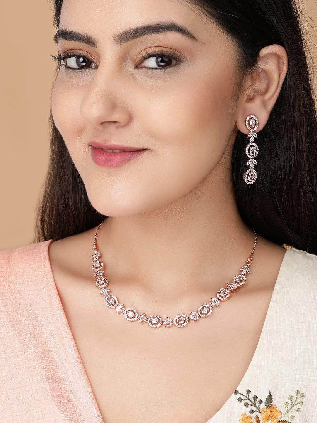 Wentra Simple Gold Toned CZ Necklace Set with Long Earrings