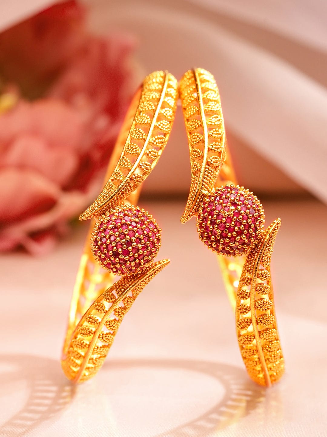 Wentra Set of 2 18K Gold Plated Ruby Studded Geru Polish Finish Traditional Bangles