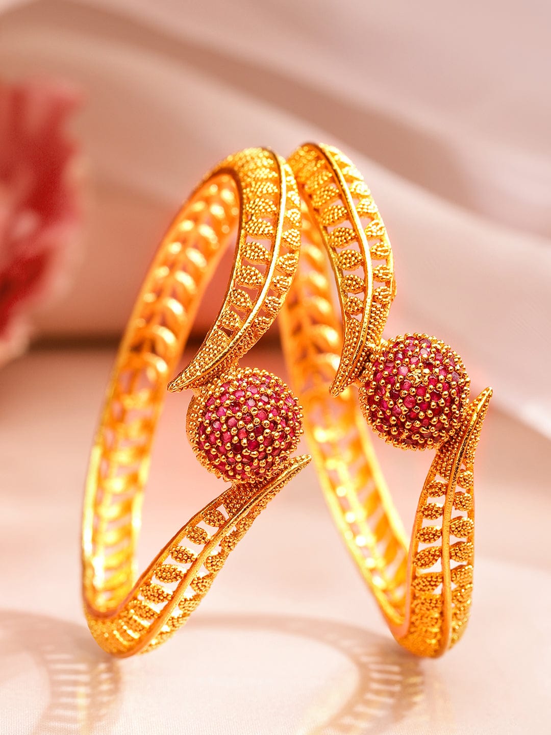 Wentra Set of 2 18K Gold Plated Ruby Studded Geru Polish Finish Traditional Bangles