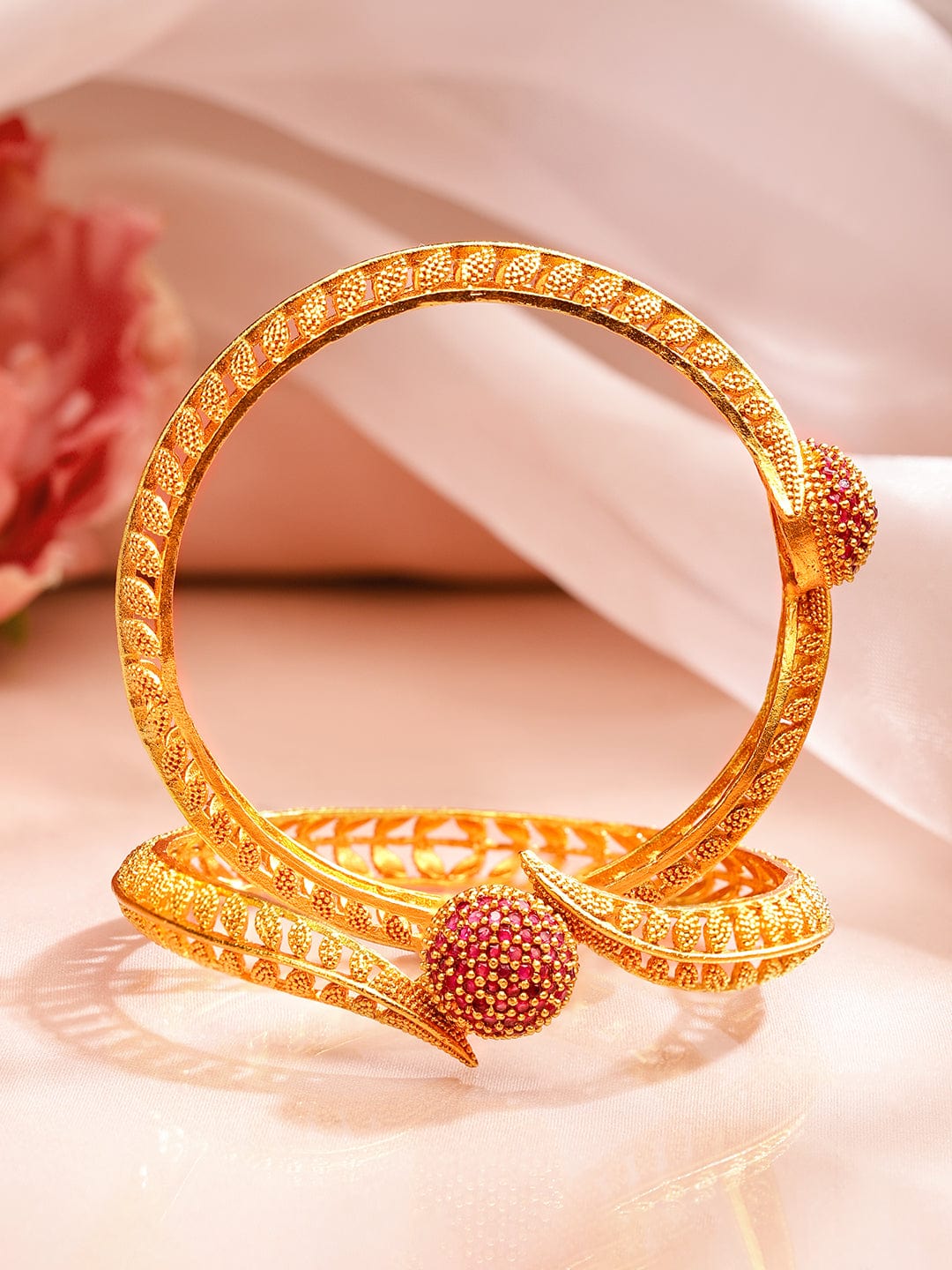 Wentra Set of 2 18K Gold Plated Ruby Studded Geru Polish Finish Traditional Bangles