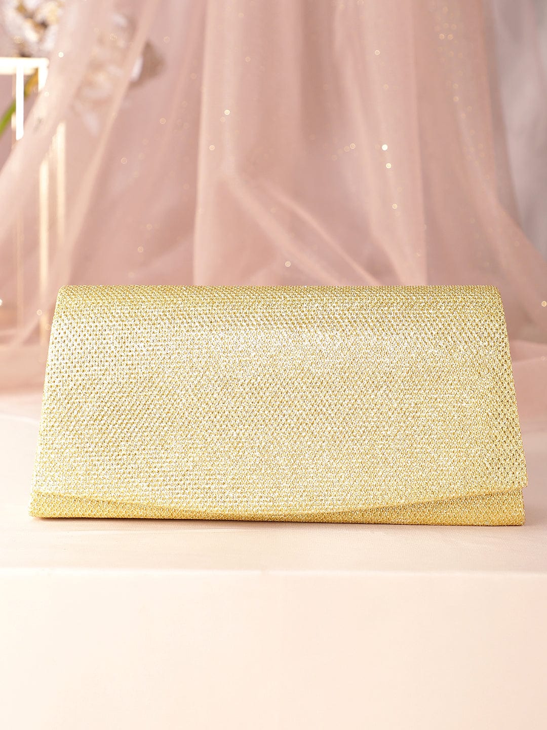Wentra Timeless Glamour Handcrafted Beige Shimmery Clutch Bag
