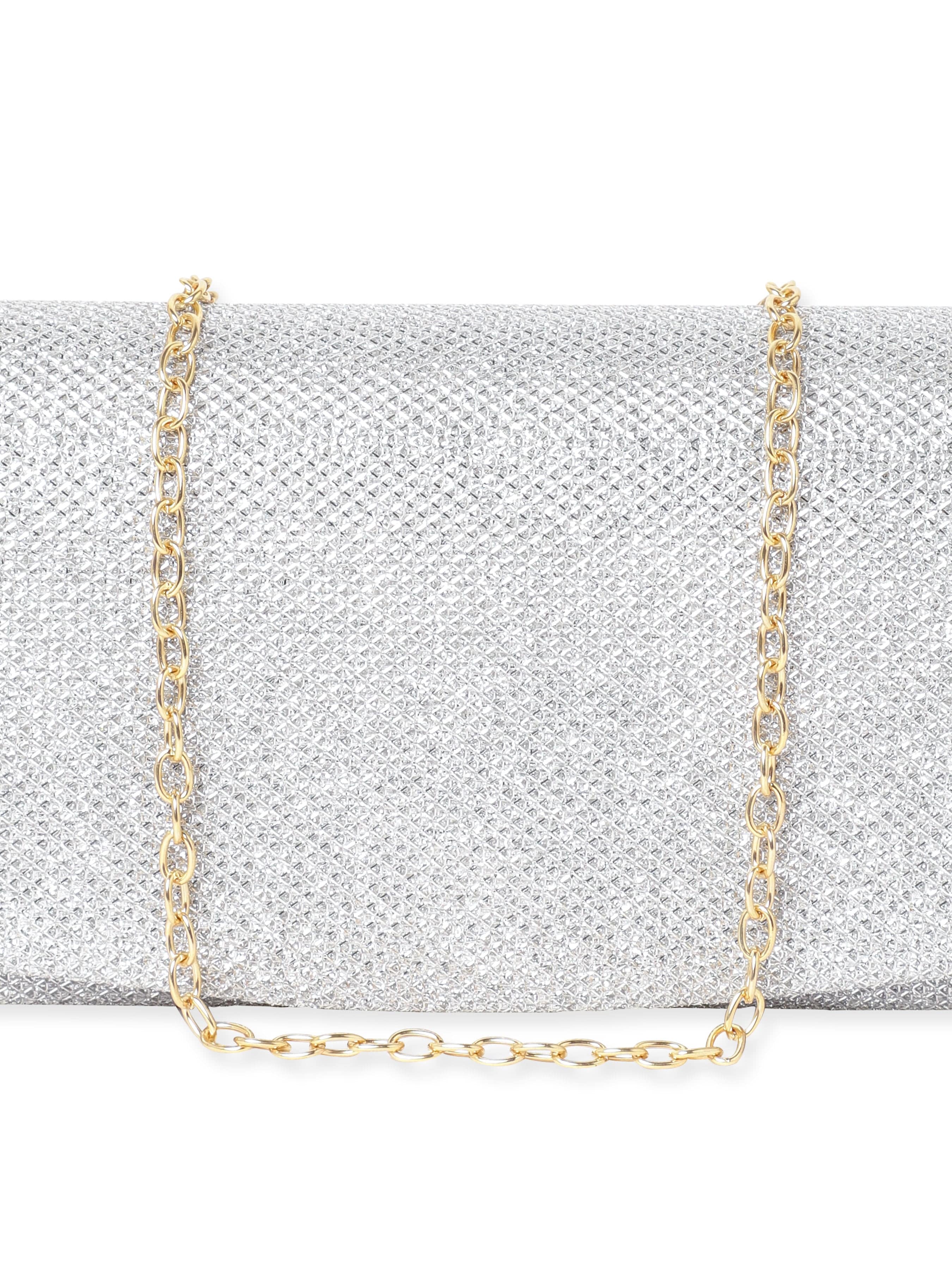 Wentra Timeless Radiance Handcrafted Silver Shimmery Clutch Bag