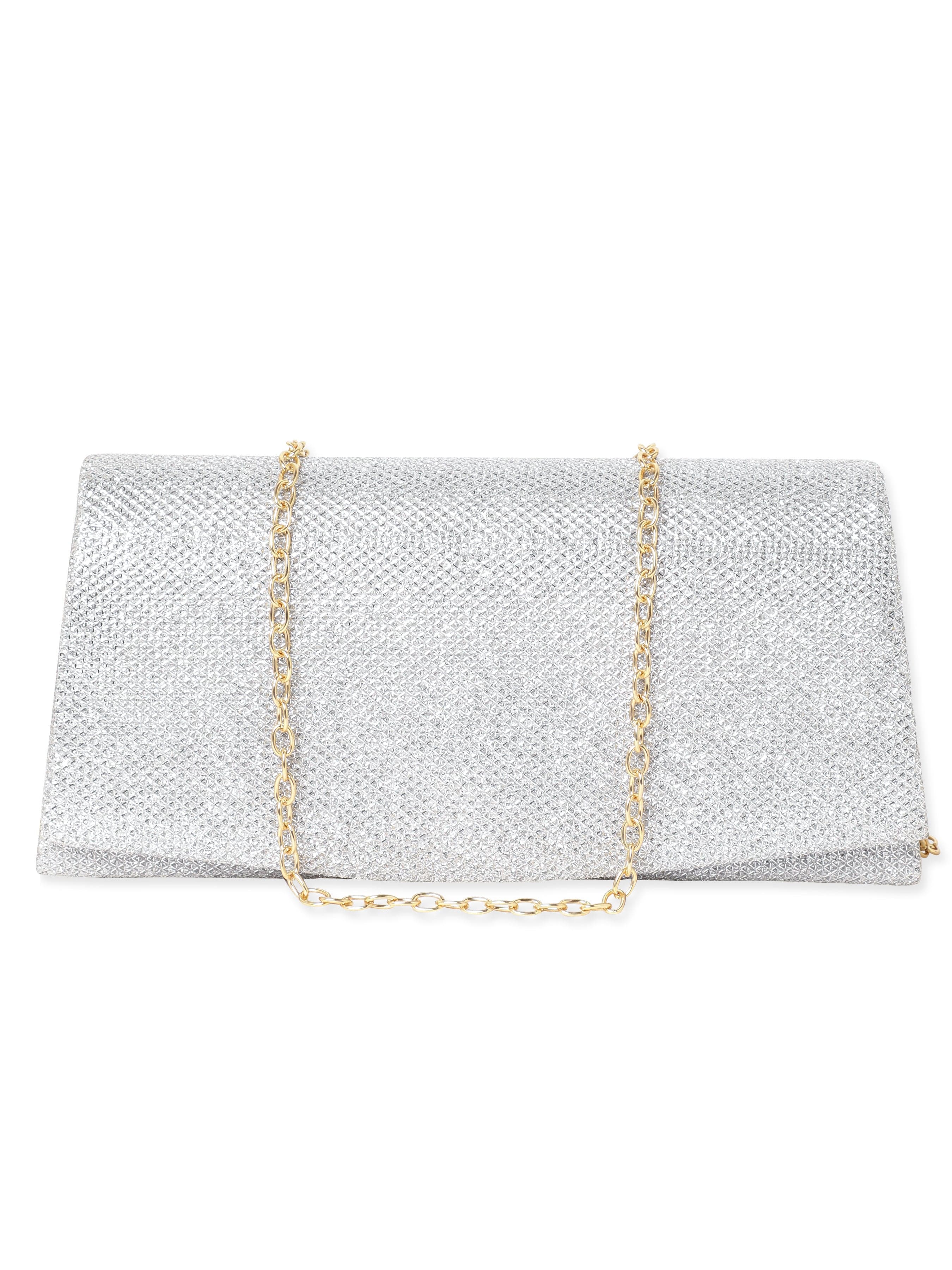 Wentra Timeless Radiance Handcrafted Silver Shimmery Clutch Bag