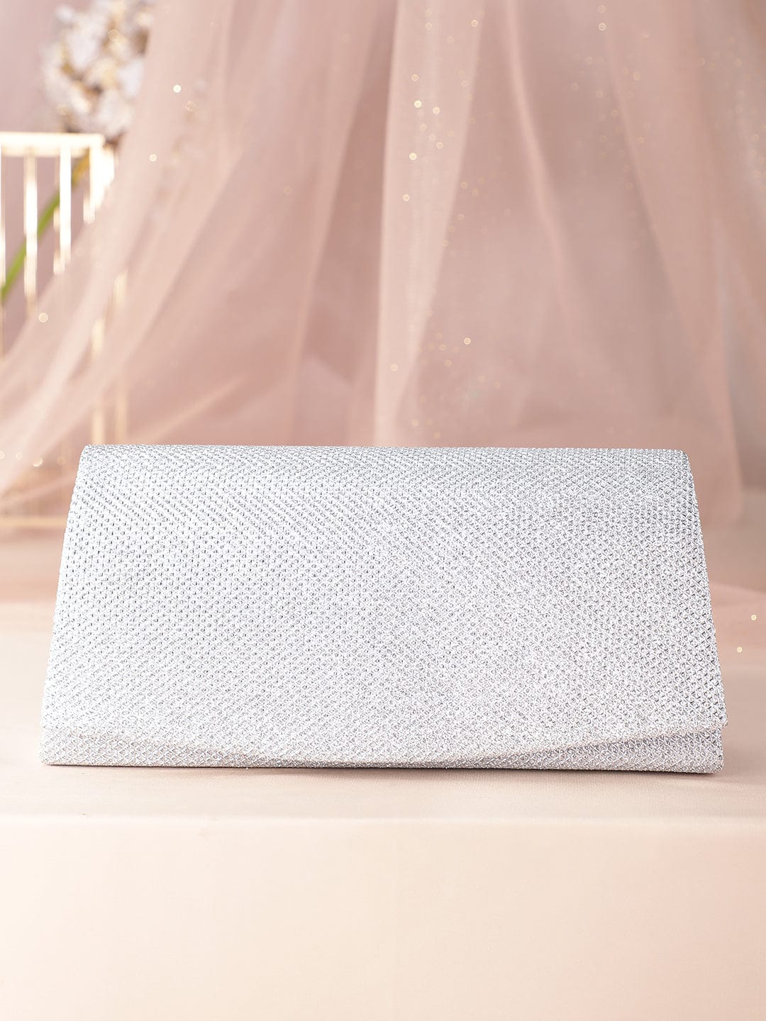 Wentra Timeless Radiance Handcrafted Silver Shimmery Clutch Bag