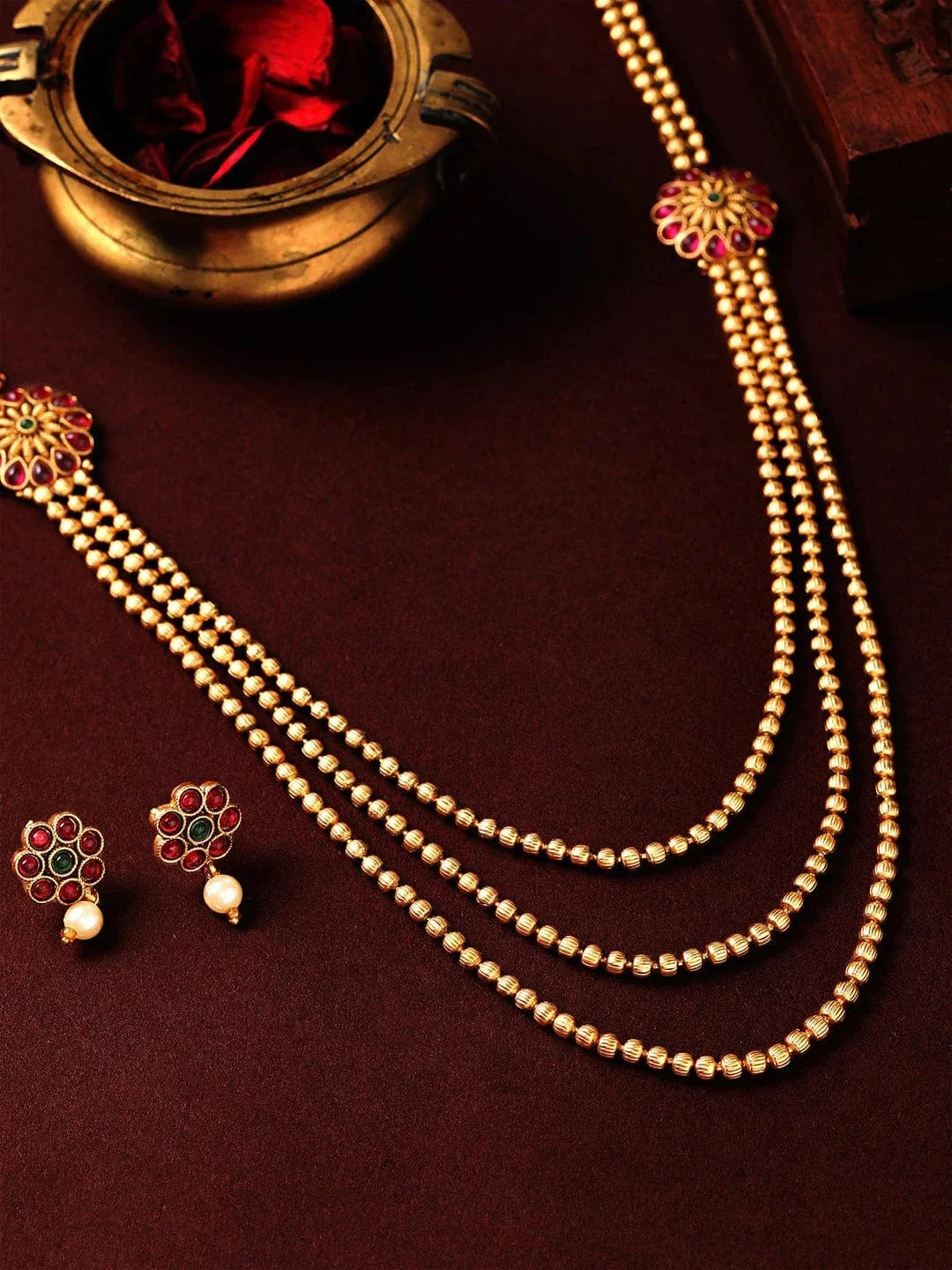 Wentra Traditional 18K Gold Plated Layered Necklace Set With Ruby Stoned Earrings