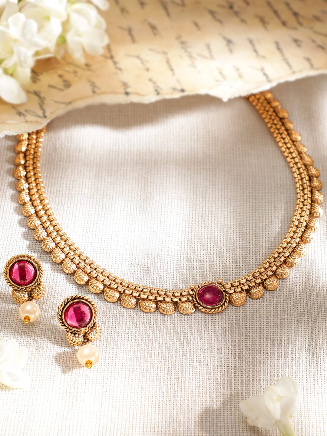 Wentra 18K Gold-Plated Ruby Studded & Pearl Drops Handcrafted Jewellery Set