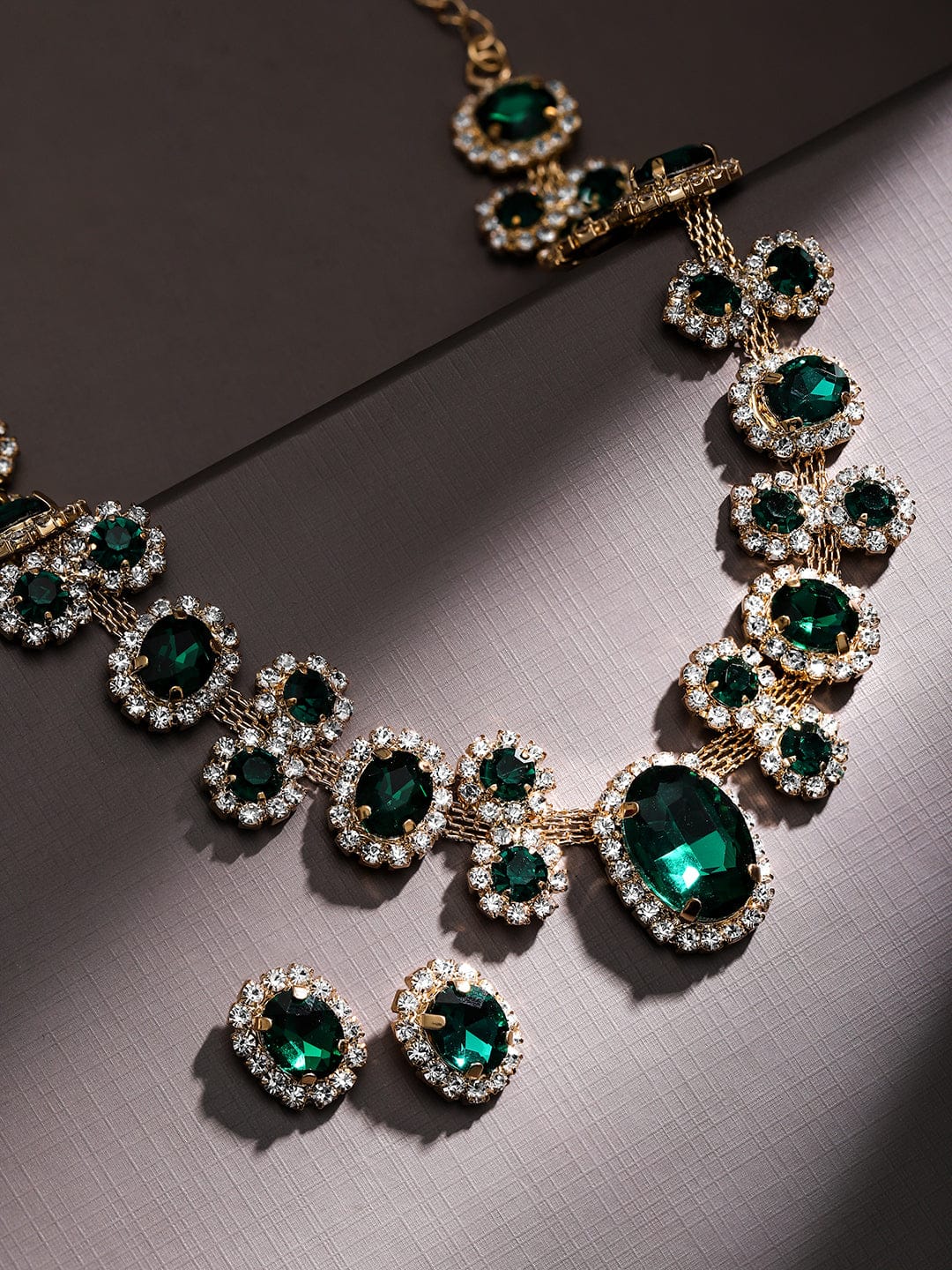 Gold Plated Emerald Green & White Crystal Necklace Set