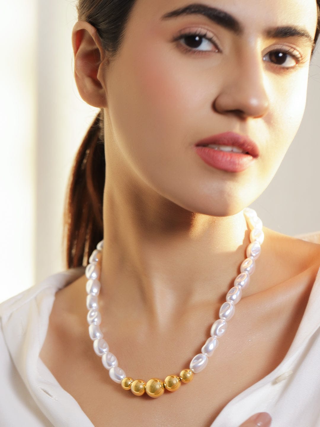 Gold Beaded Pearl Necklace