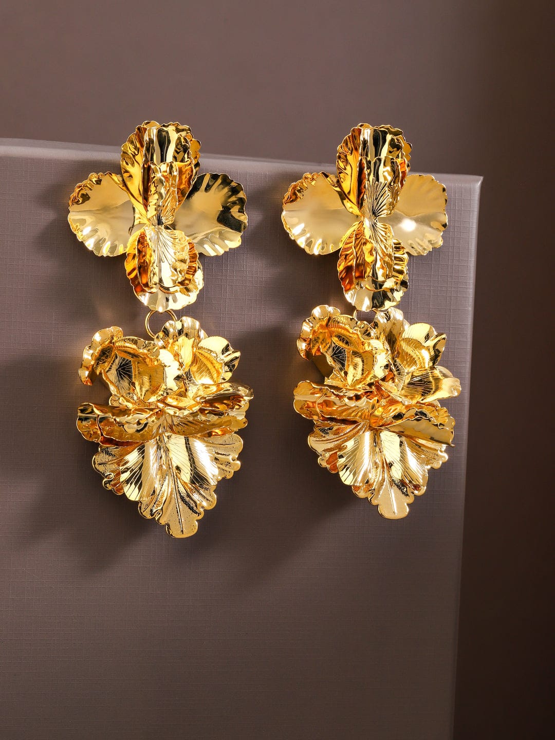 Gold Toned Leaf Motif Dangler Earrings