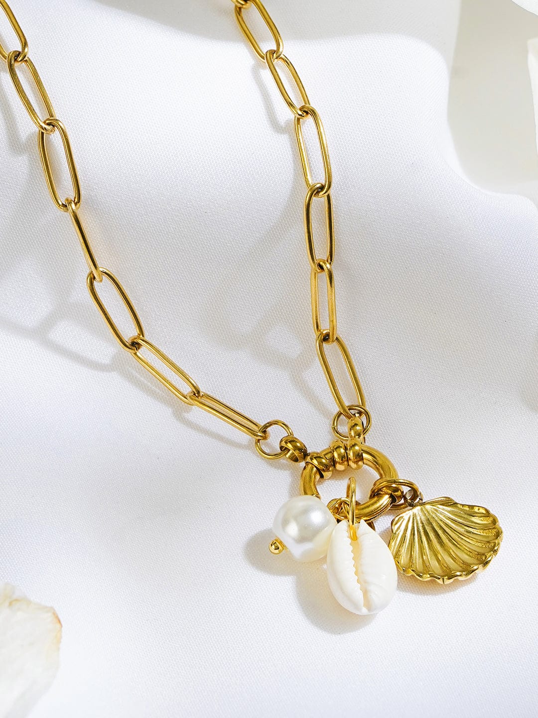 Shell & Pearl Drop Gold Pendant Necklace