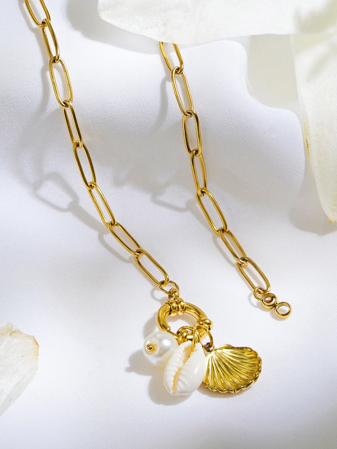 Shell & Pearl Drop Gold Pendant Necklace