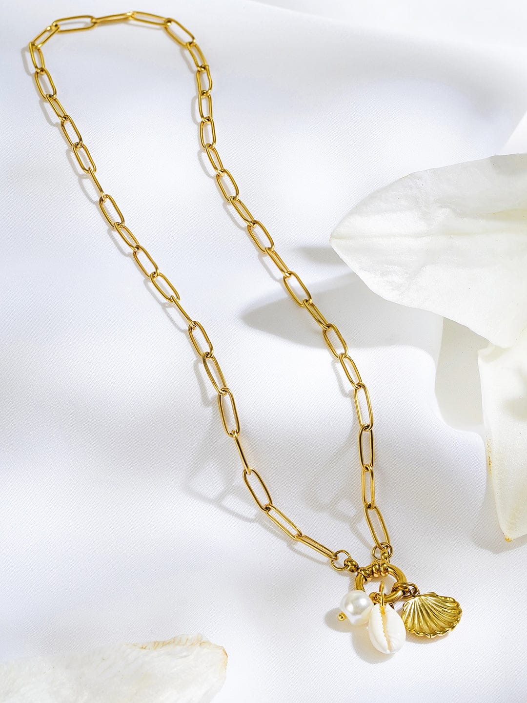Shell & Pearl Drop Gold Pendant Necklace