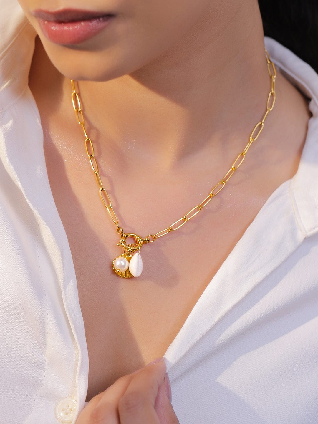 Shell & Pearl Drop Gold Pendant Necklace
