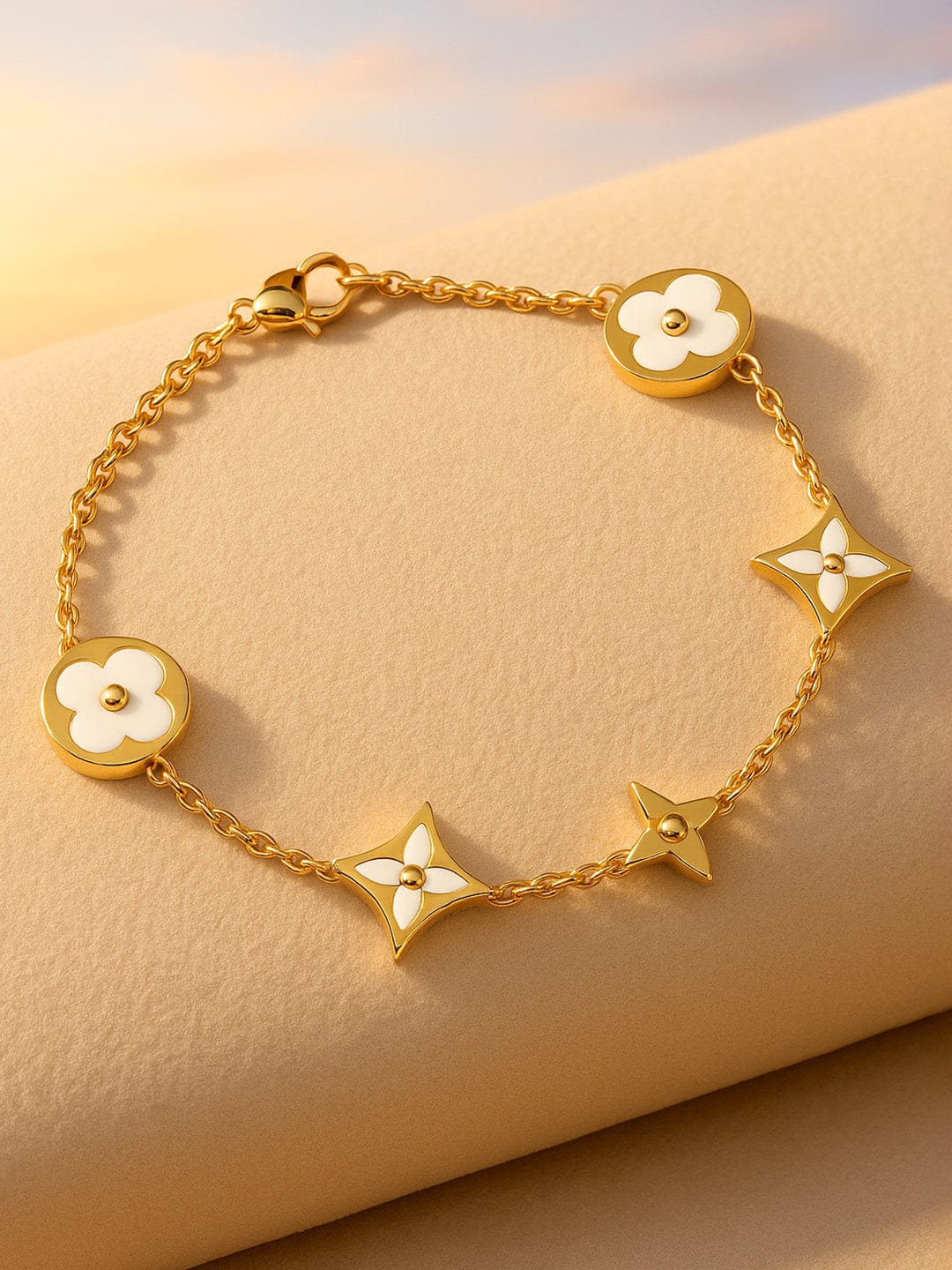 Wentra Voguish 18K Gold-Plated Stainless Steel Tarnish-Free Waterproof Floral Charm Bracelet