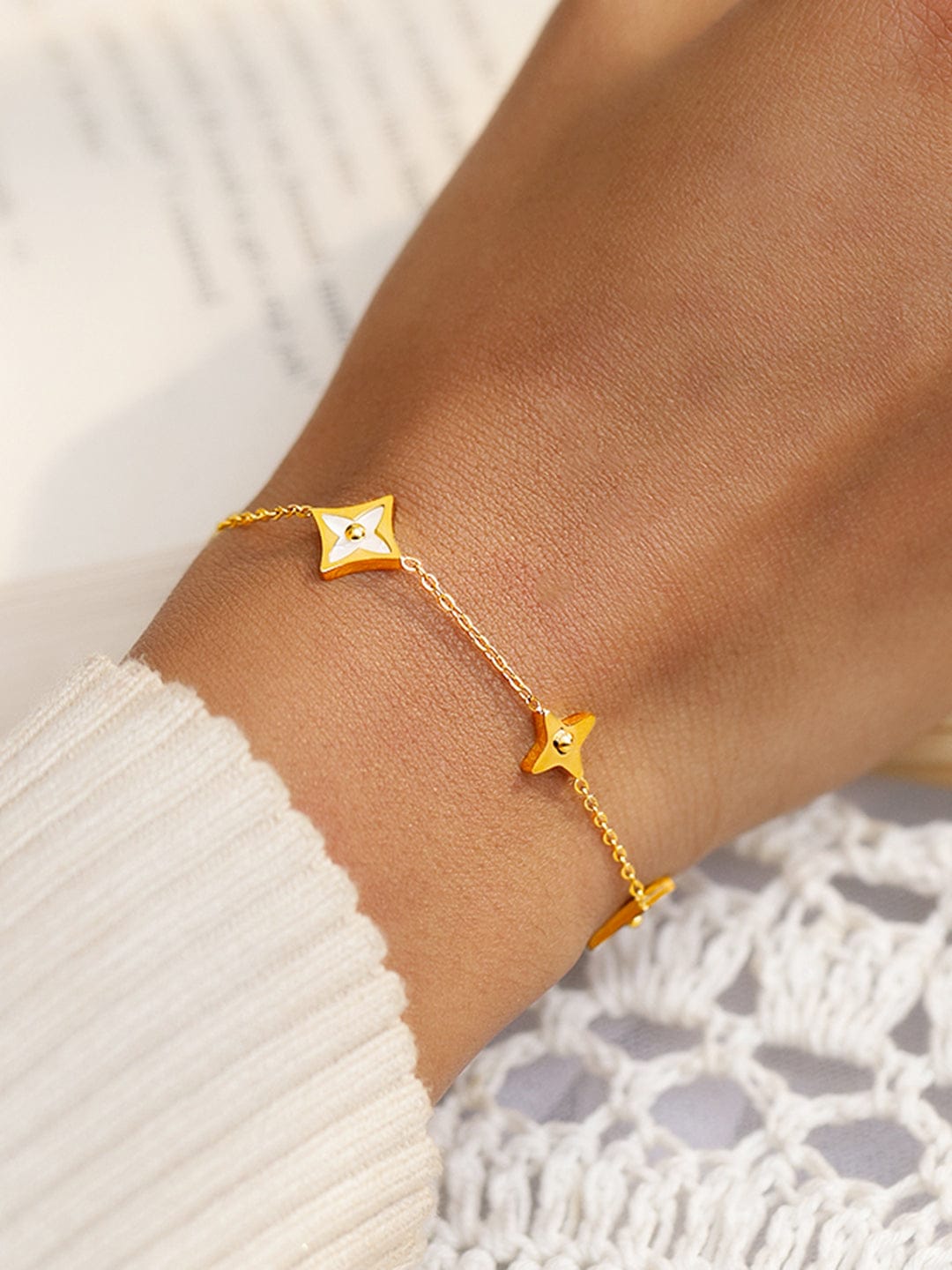 Wentra Voguish 18K Gold-Plated Stainless Steel Tarnish-Free Waterproof Floral Charm Bracelet