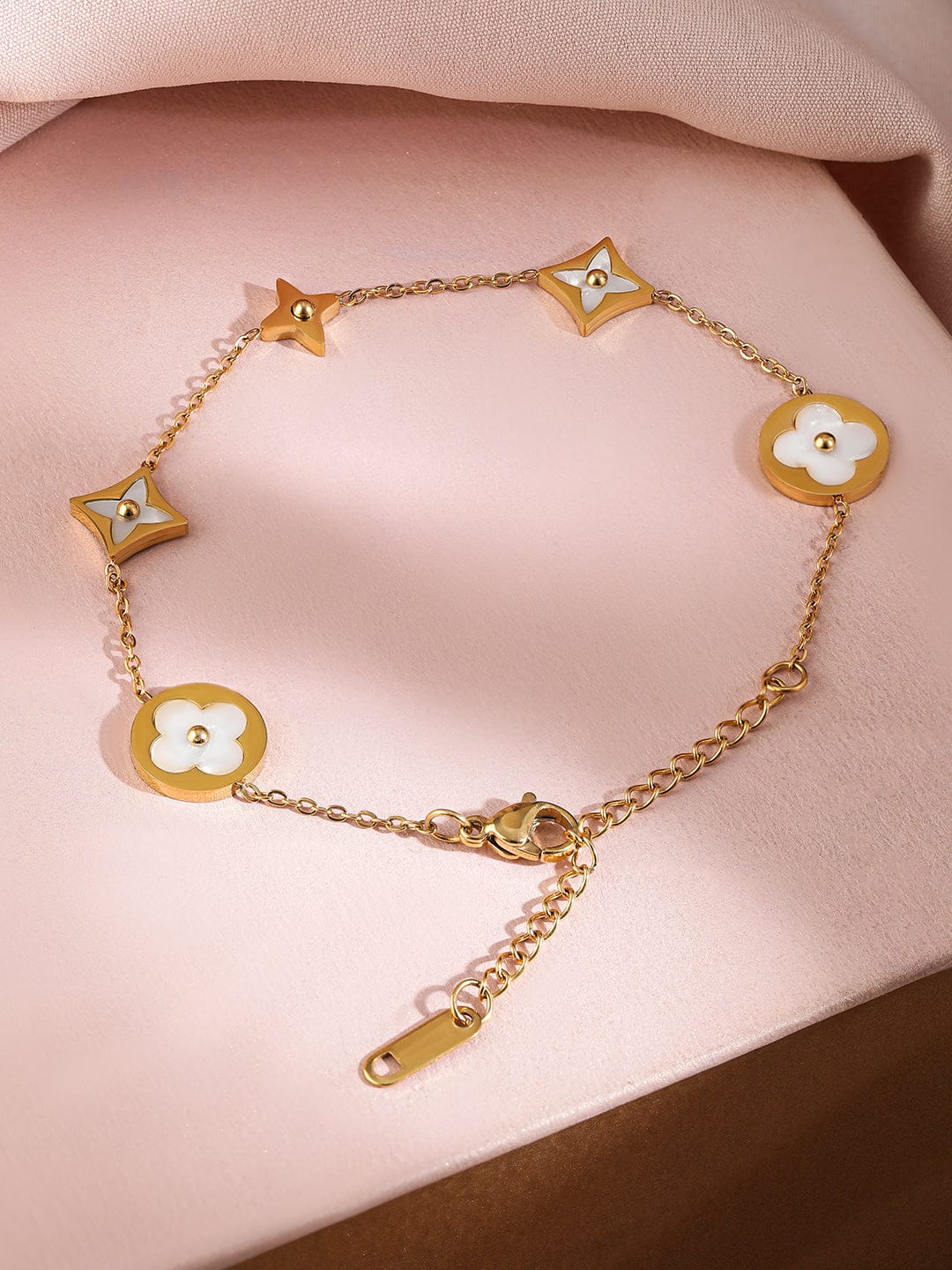 Wentra Voguish 18K Gold-Plated Stainless Steel Tarnish-Free Waterproof Floral Charm Bracelet