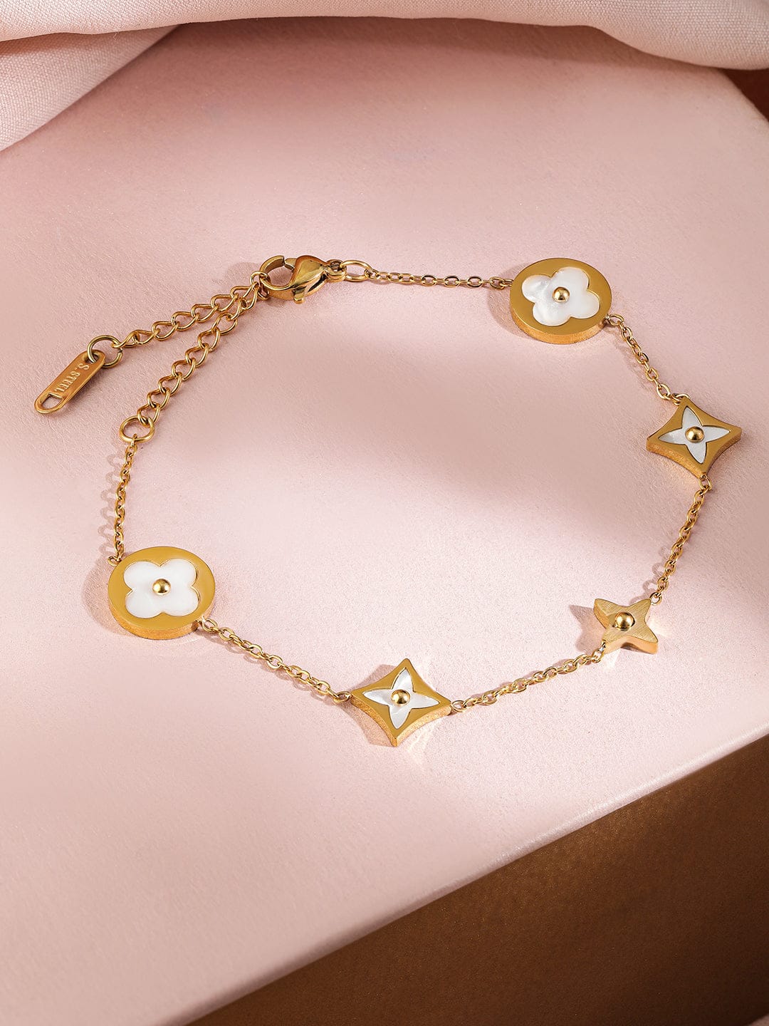 Wentra Voguish 18K Gold-Plated Stainless Steel Tarnish-Free Waterproof Floral Charm Bracelet