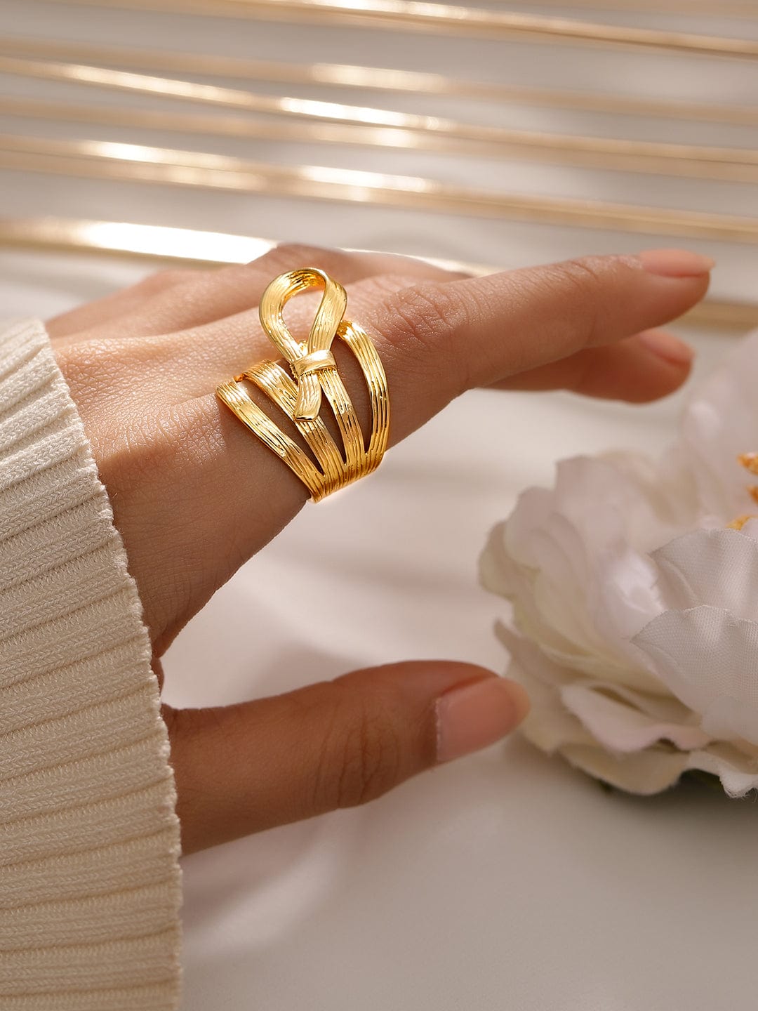 Wentra Voguish 18K Gold-Plated Textured Ribbon Statement Adjustable Ring