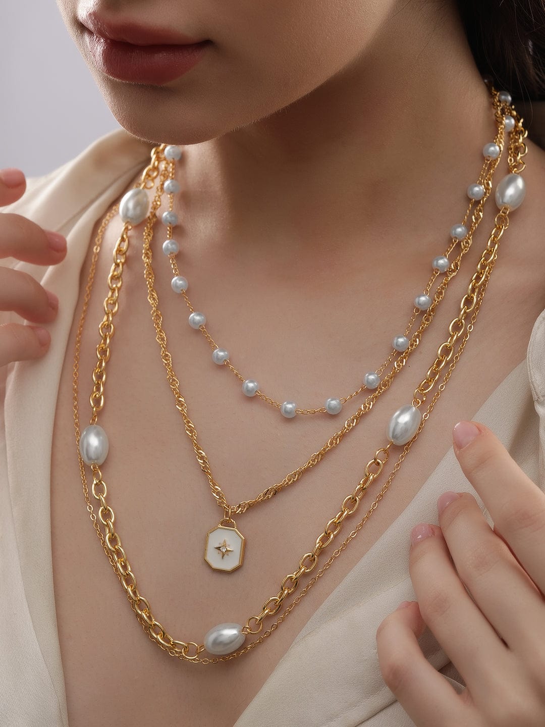 White Beaded Multi Layered Long Gold Necklace