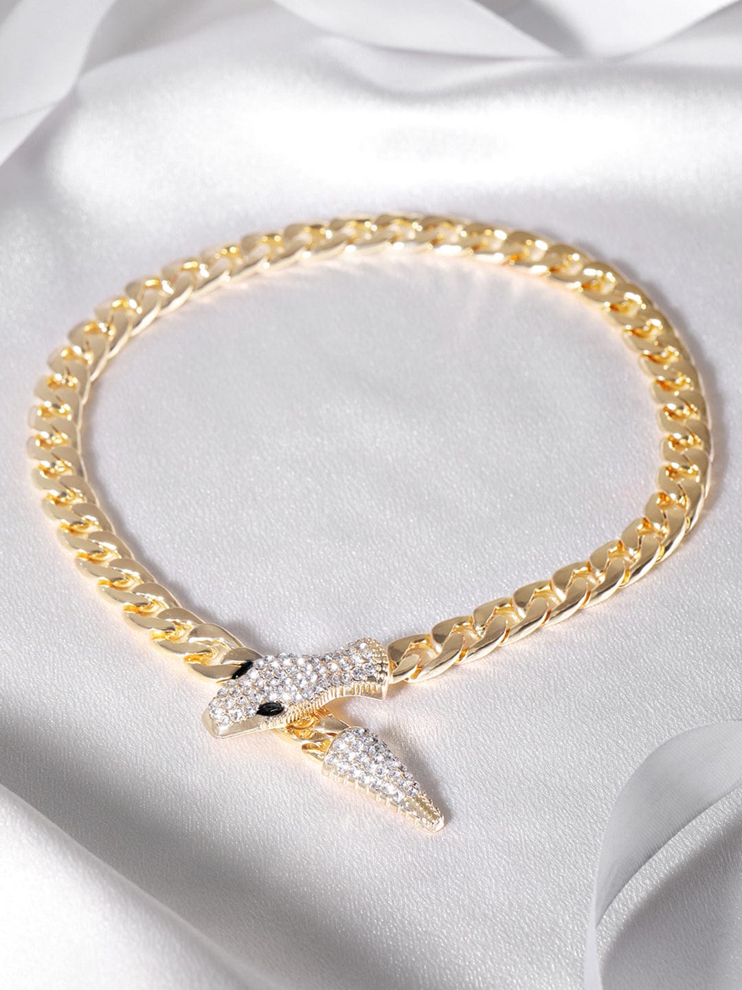 Crystal Studded Snake Pattern Gold Necklace