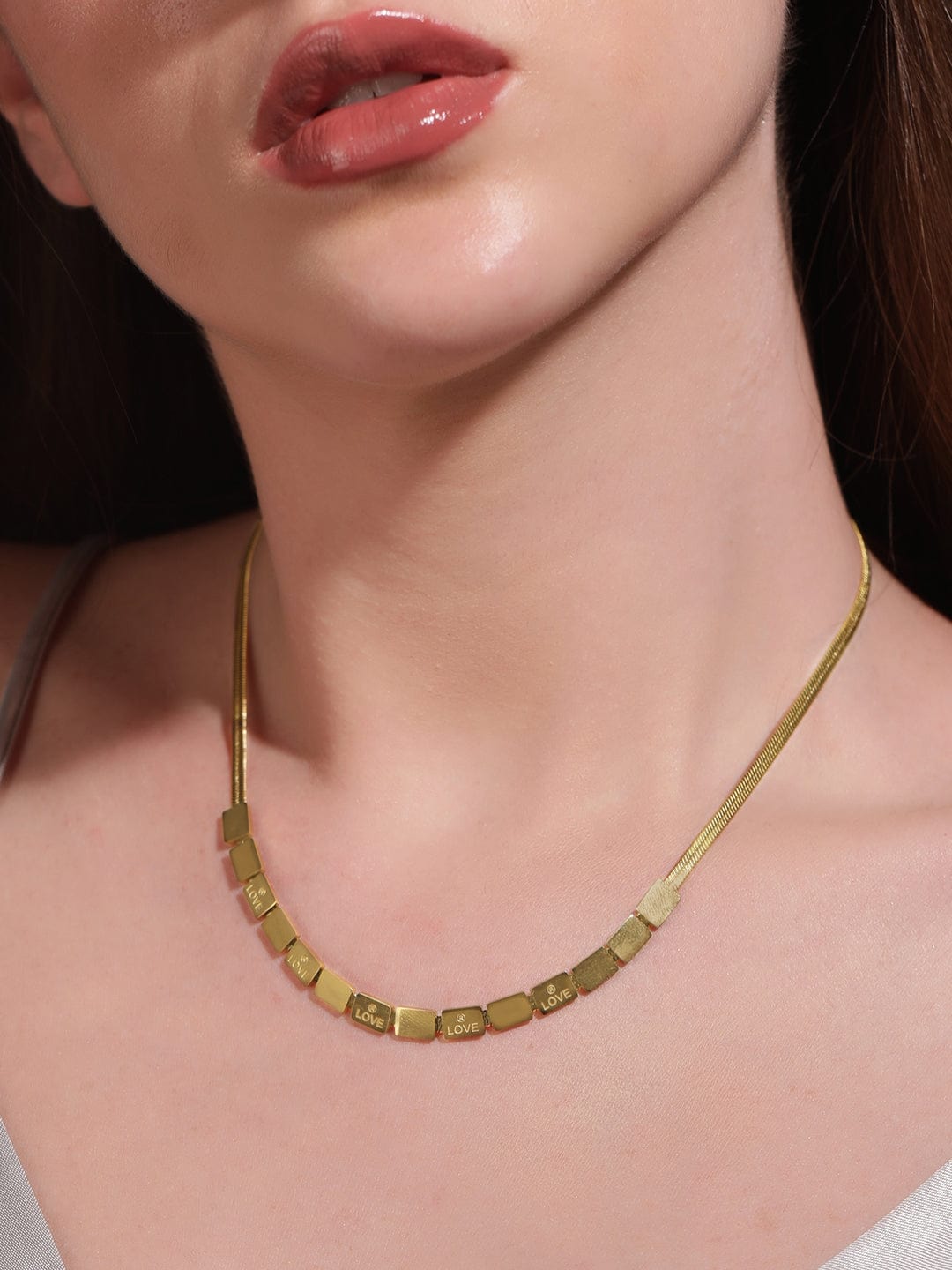 Love Engraved Cube Beaded Gold Necklace