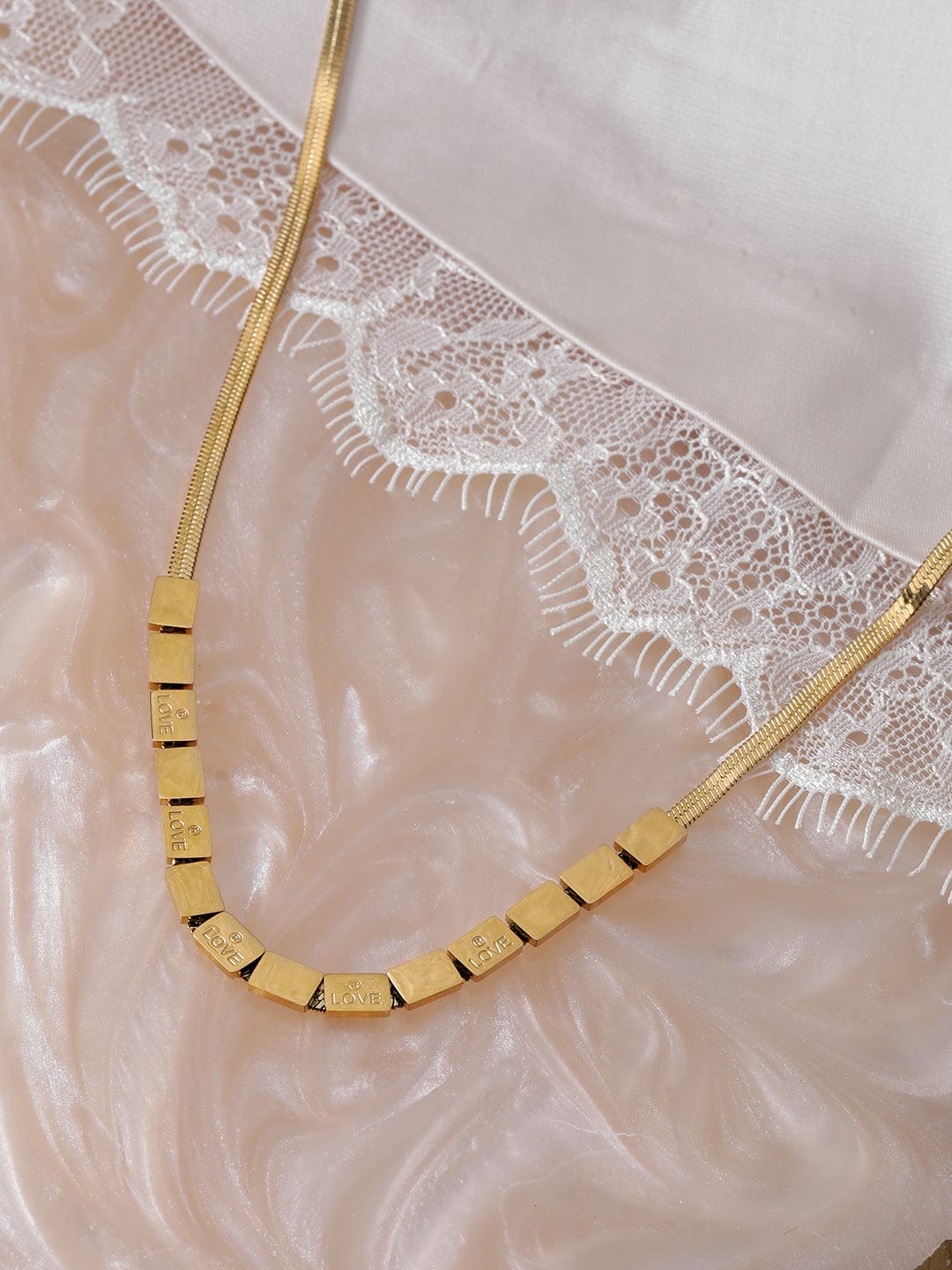 Love Engraved Cube Beaded Gold Necklace