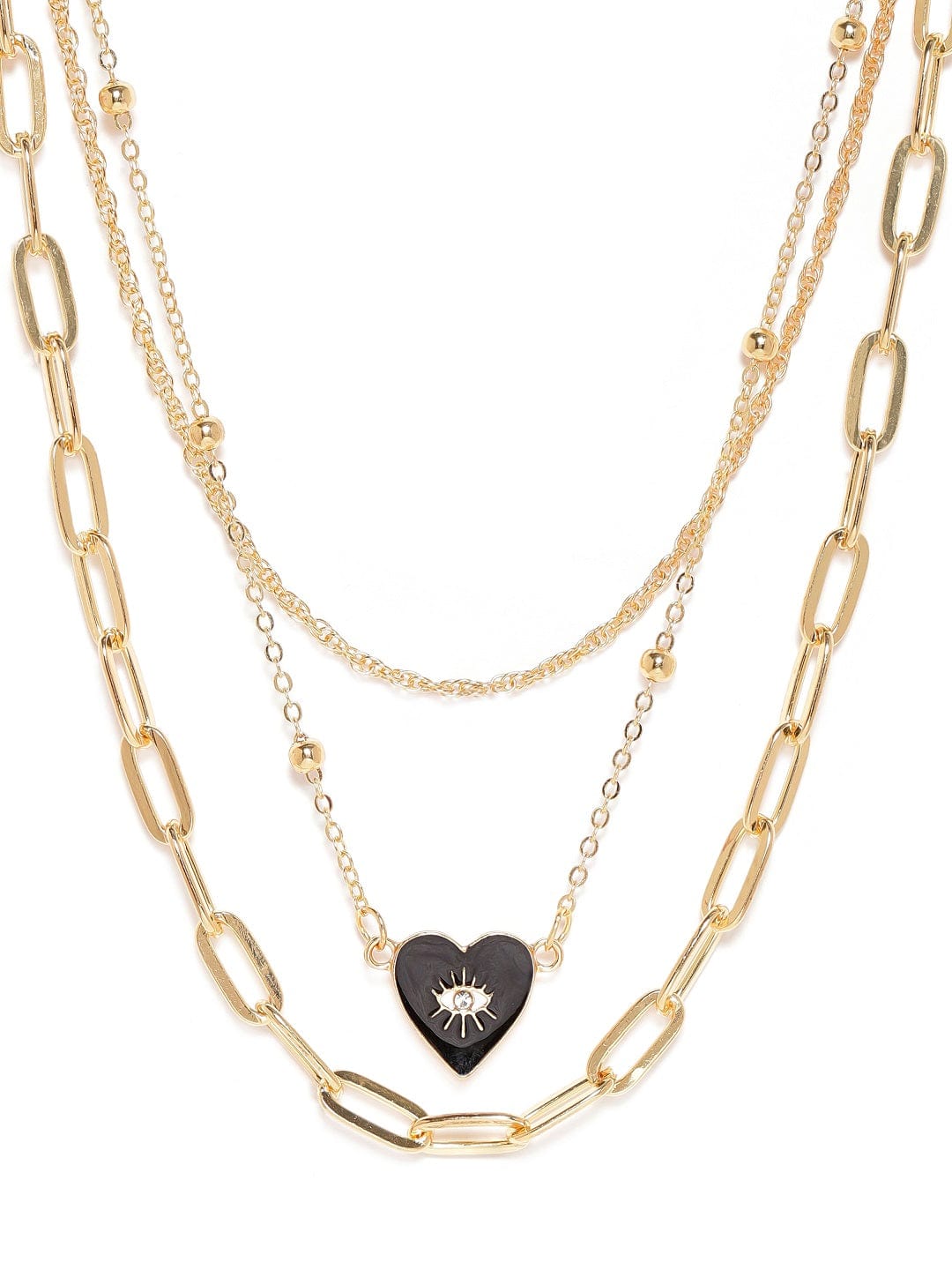 Evil Eye Black Heart Gold Toned Layered Necklace