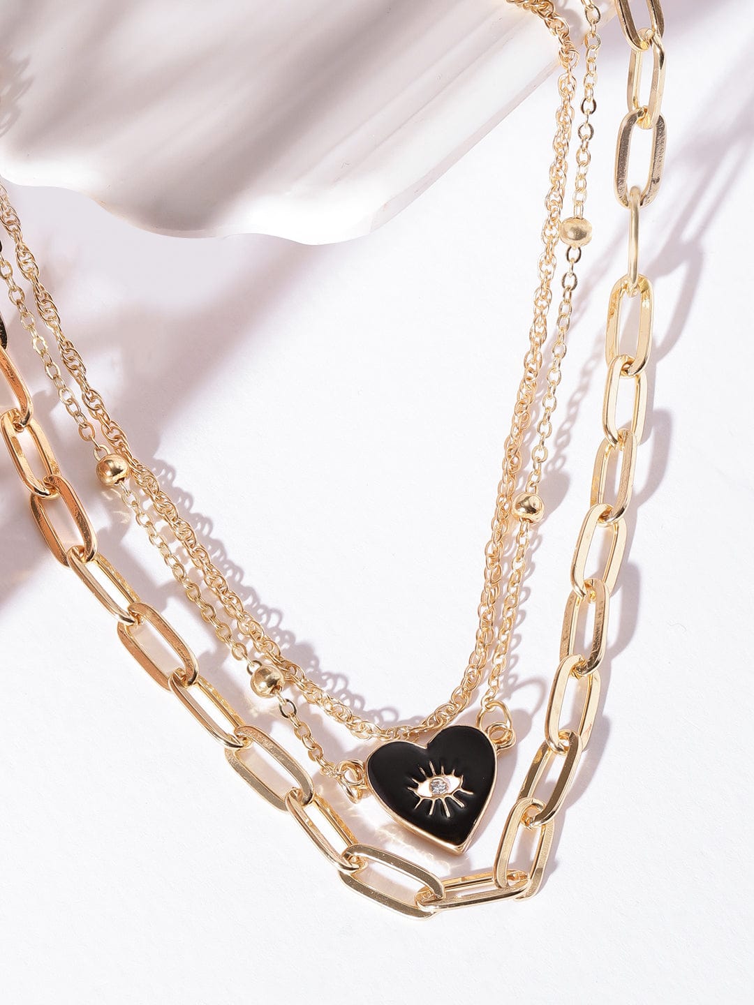 Evil Eye Black Heart Gold Toned Layered Necklace