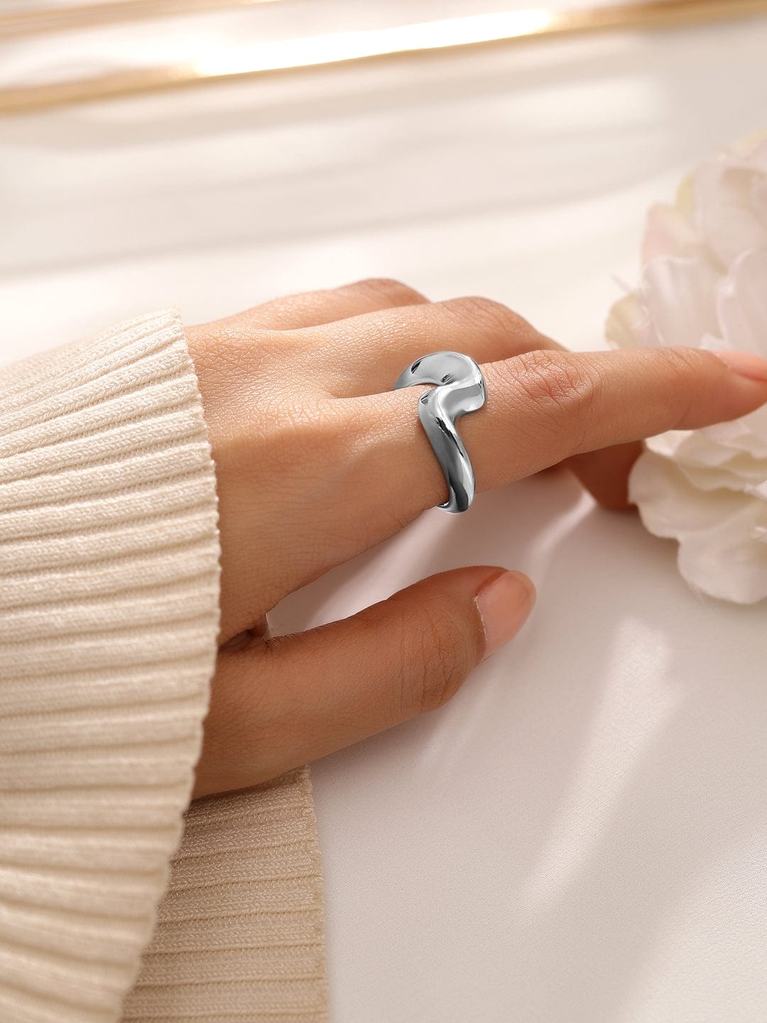 Wentra Voguish Rhodium-Plated Abstract Adjustable Ring