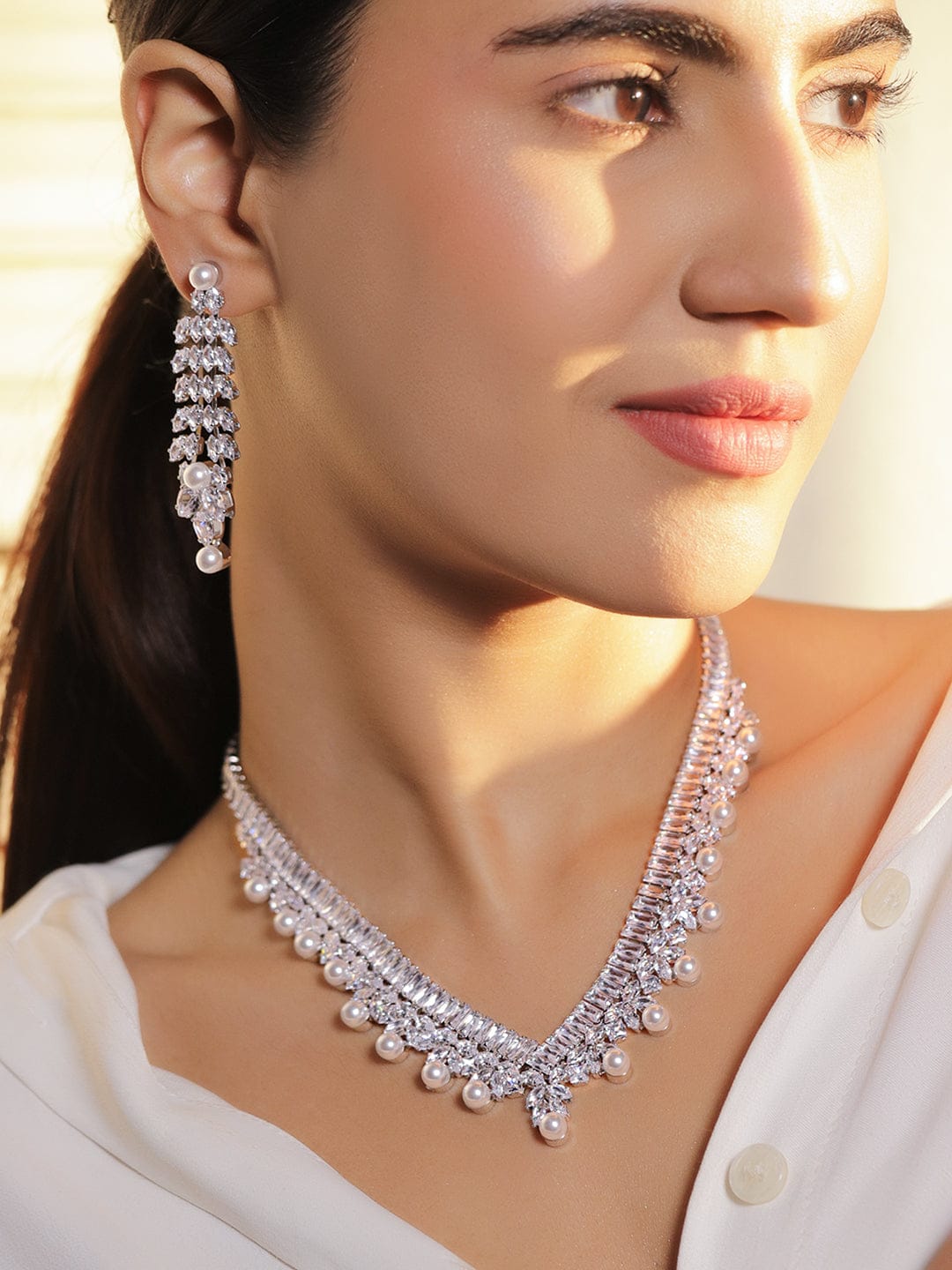 Line Baguette Zirconia Pearl Necklace Set