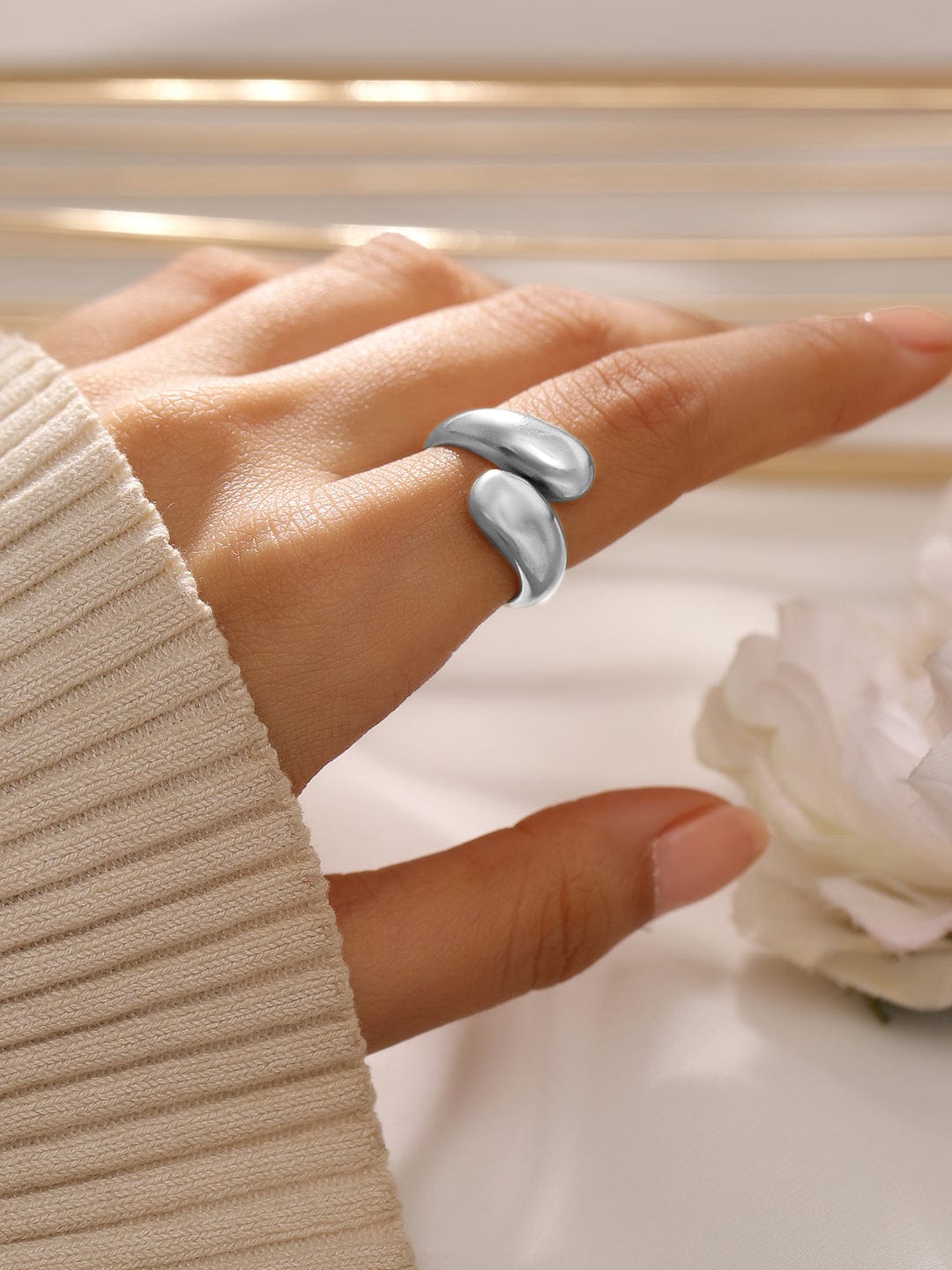 Wentra Voguish Rhodium-Plated Stainless Steel Tarnish-Free Waterproof Adjustable Ring