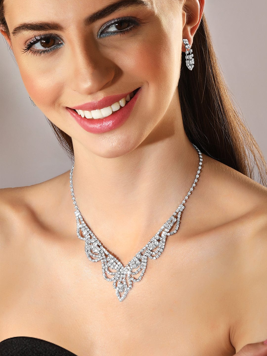 Wentra Voguish Silver Toned With Zircon Studded Jewellery Set.