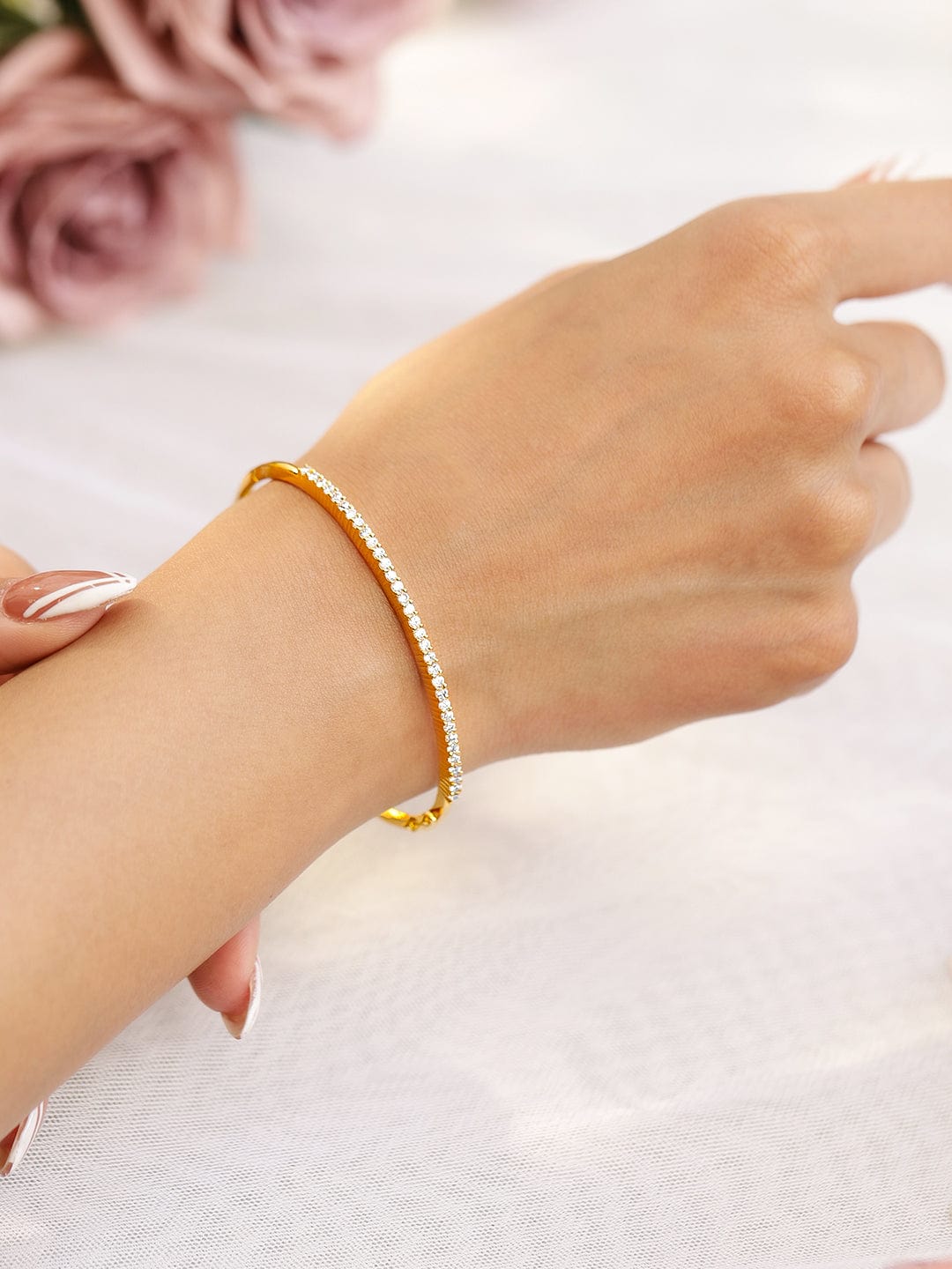 Wentra Women Brass Cubic Zirconia Handcrafted Gold-Plated Bangle-Style Bracelet
