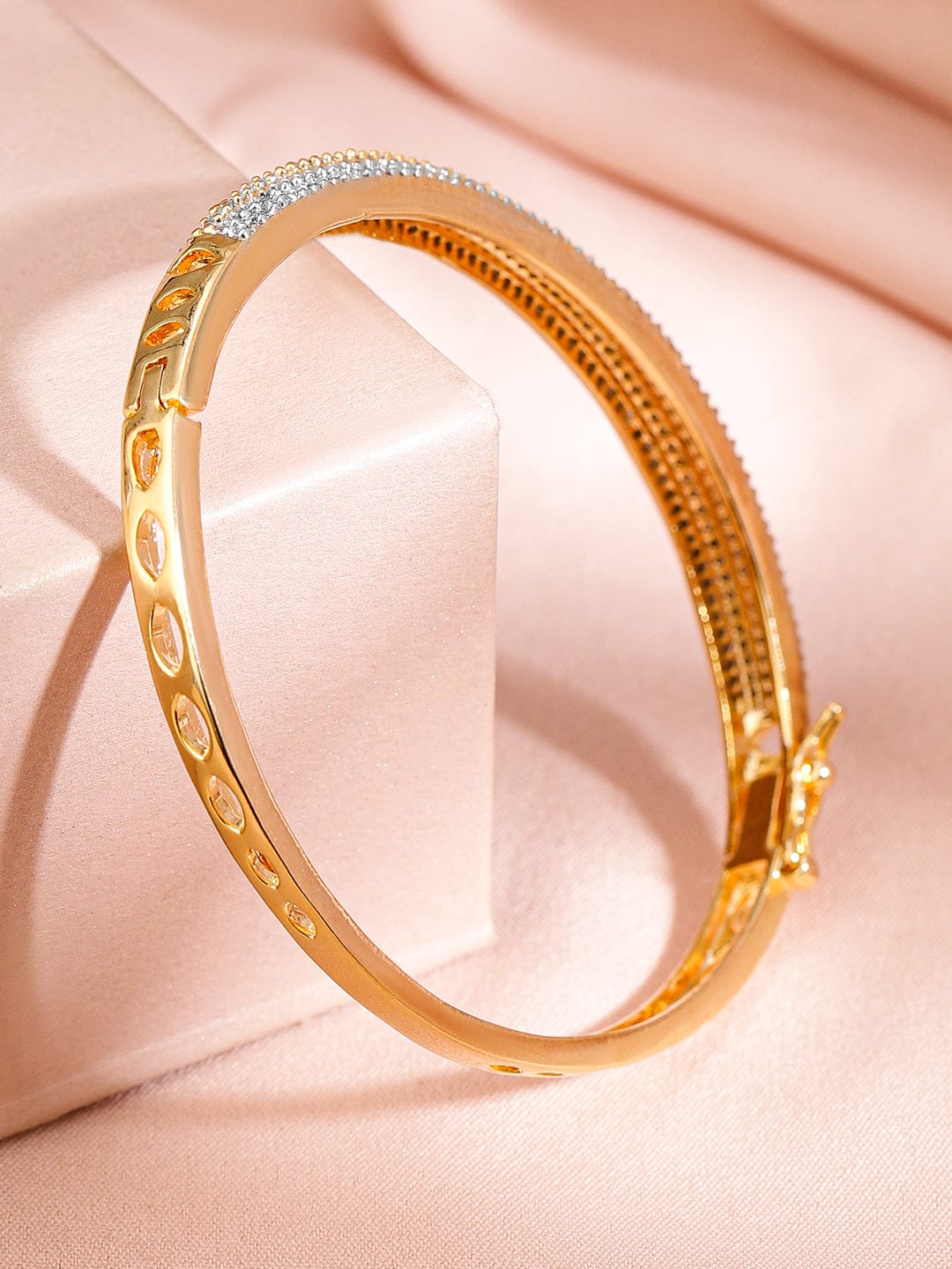 Wentra Women Brass Cubic Zirconia Handcrafted Gold-Plated Bangle-Style Bracelet