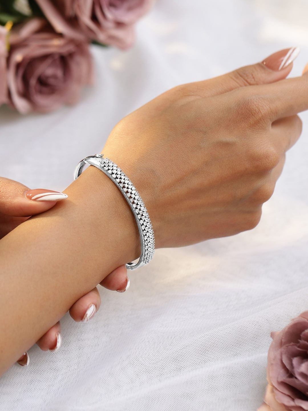 Wentra Women Brass Cubic Zirconia Handcrafted Rhodium-Plated Bangle-Style Bracelet