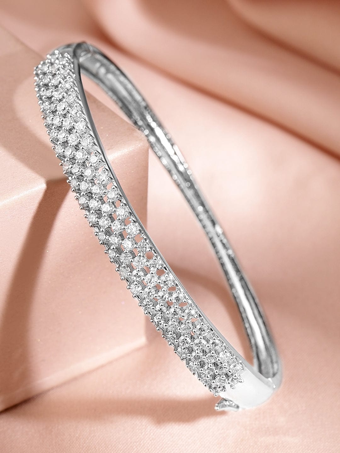 Wentra Women Brass Cubic Zirconia Handcrafted Rhodium-Plated Bangle-Style Bracelet