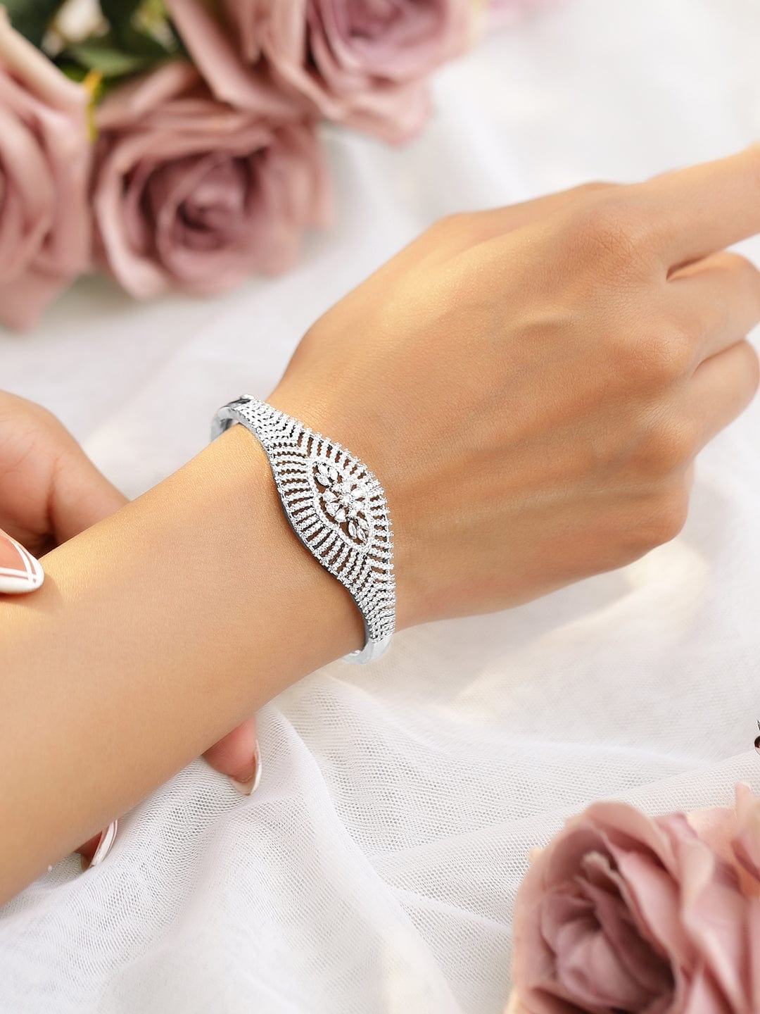 Wentra Women Brass Cubic Zirconia Handcrafted Gold-Plated Cuff Bracelet