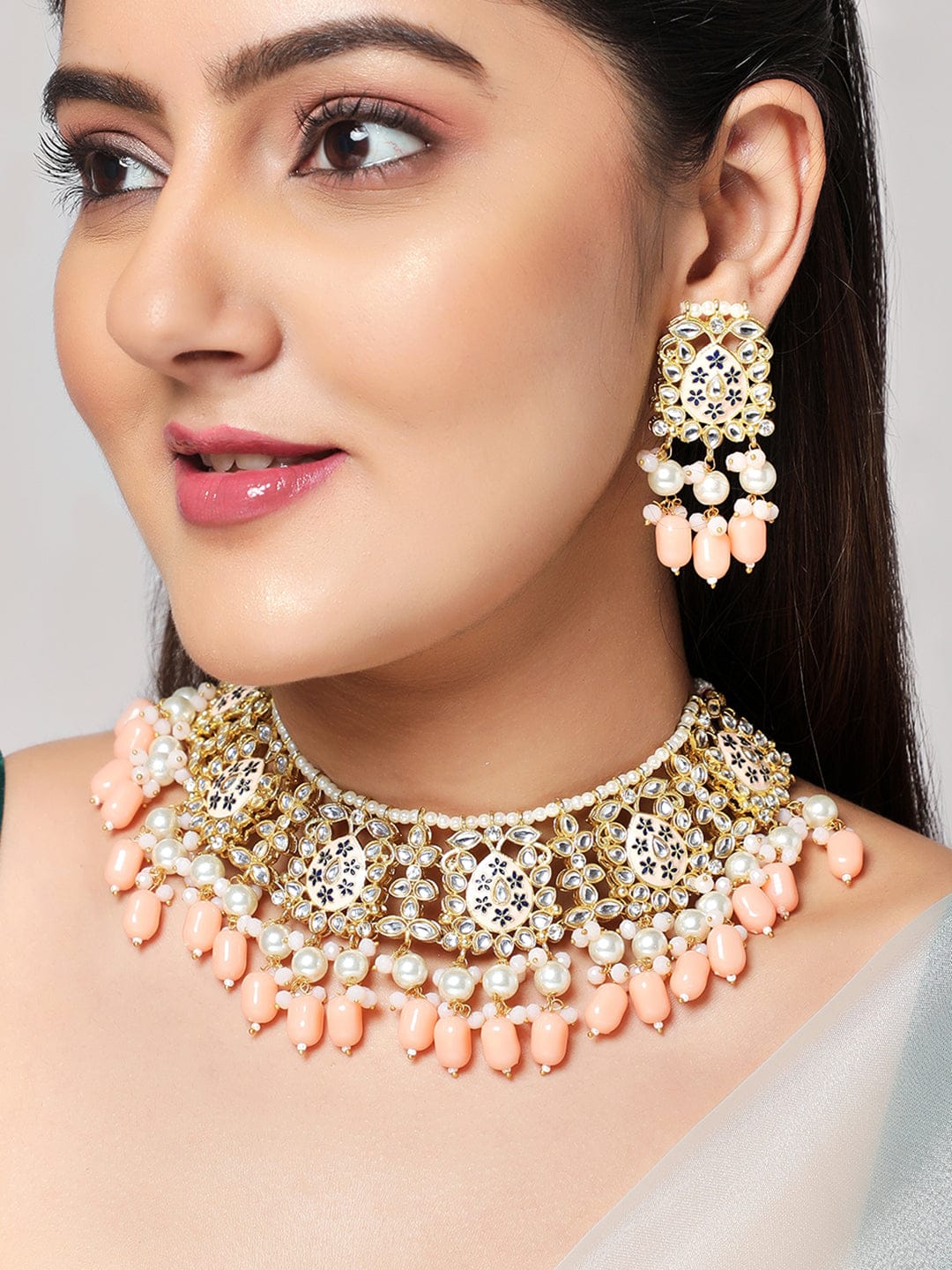 Festive Peach Glow Kundan Necklace Set