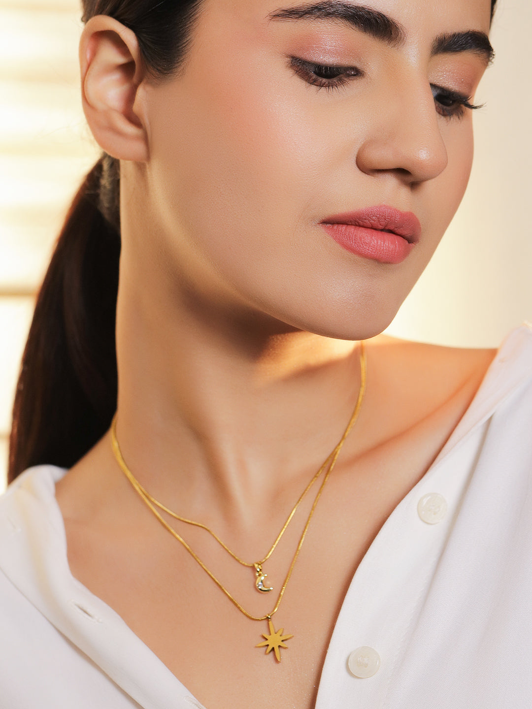 Moon & Star Motif Layered Gold Necklace